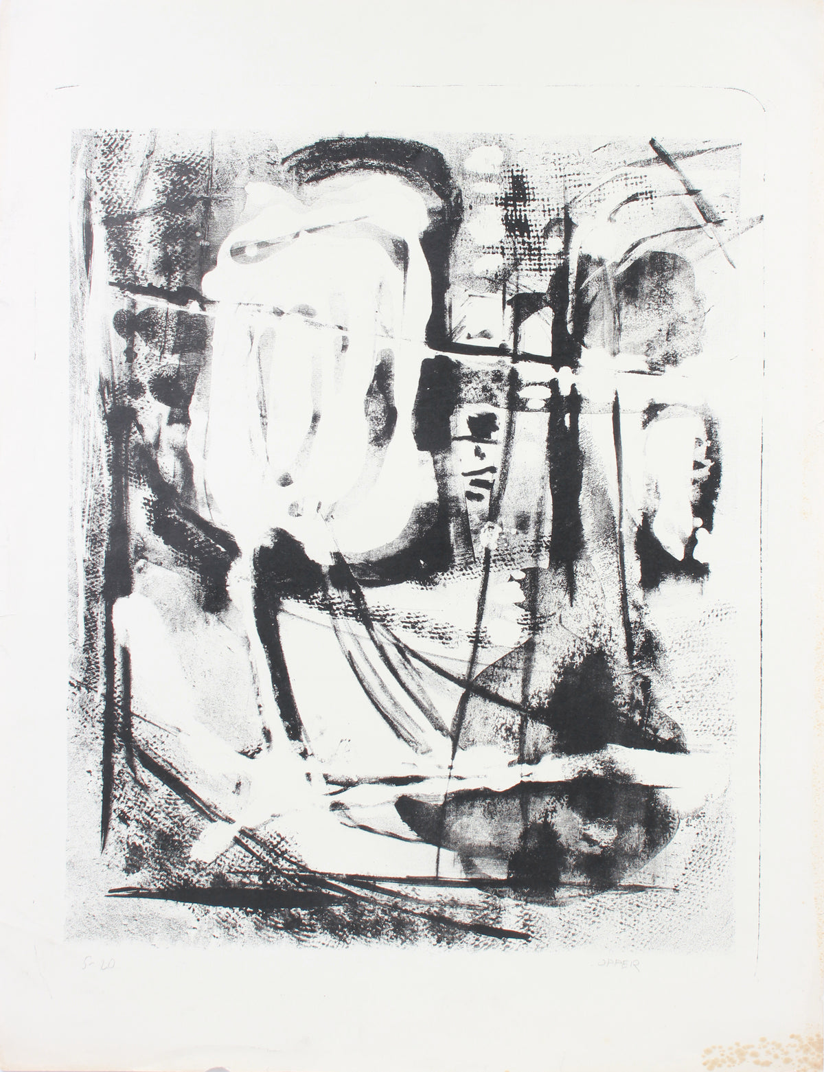 Monochrome Splatter & Gesture Abstract <br>1950s Stone Lithograph <br><br>#A7377