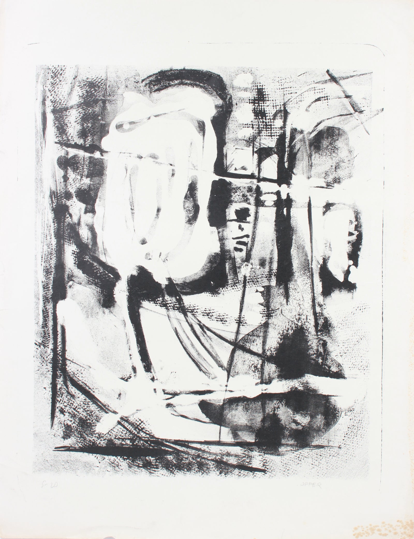 Monochrome Splatter & Gesture Abstract <br>1950s Stone Lithograph <br><br>#A7377