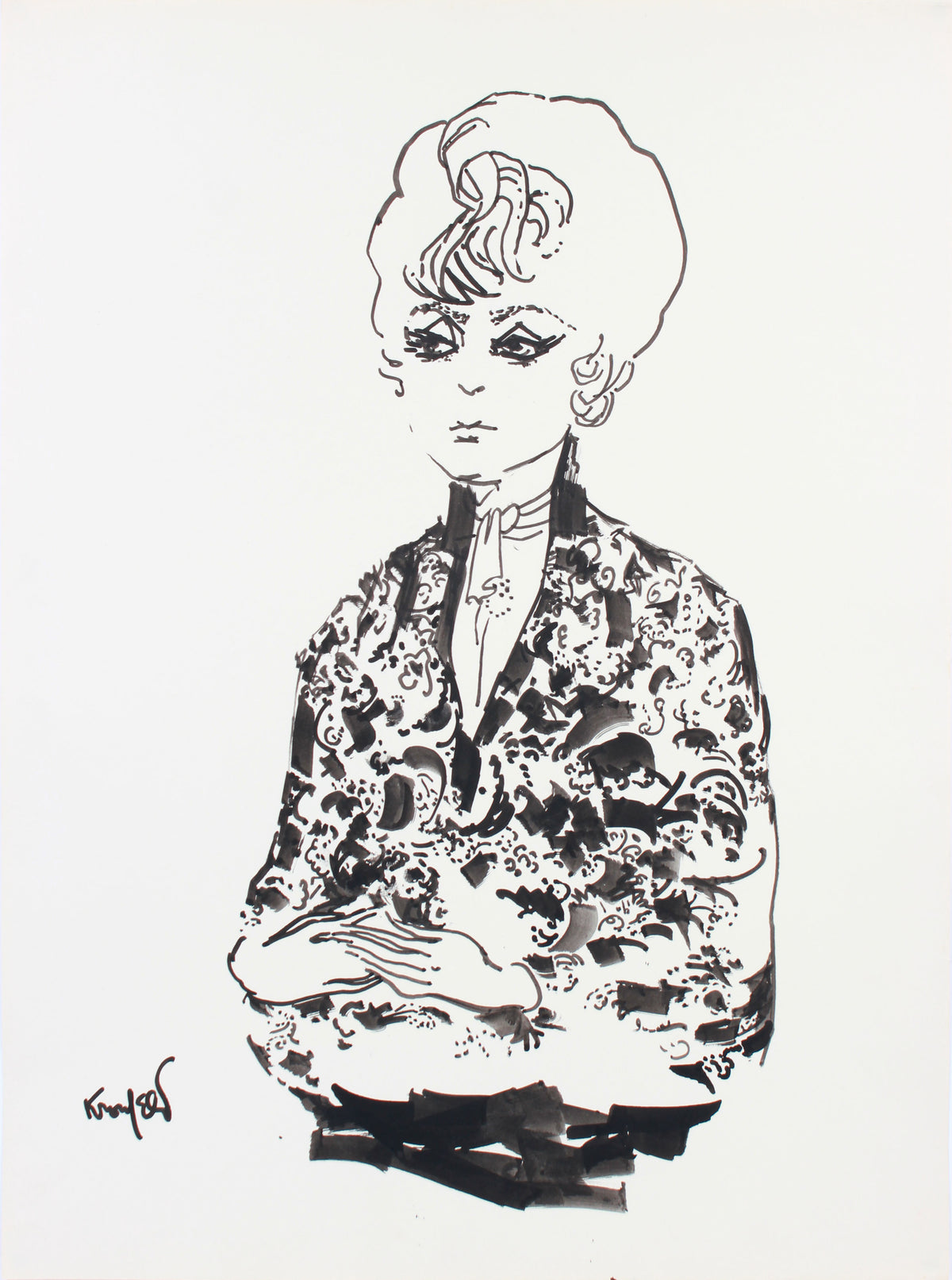 Contemplative Mod Woman &lt;br&gt;1960-80s Ink &lt;br&gt;&lt;br&gt;#A7379