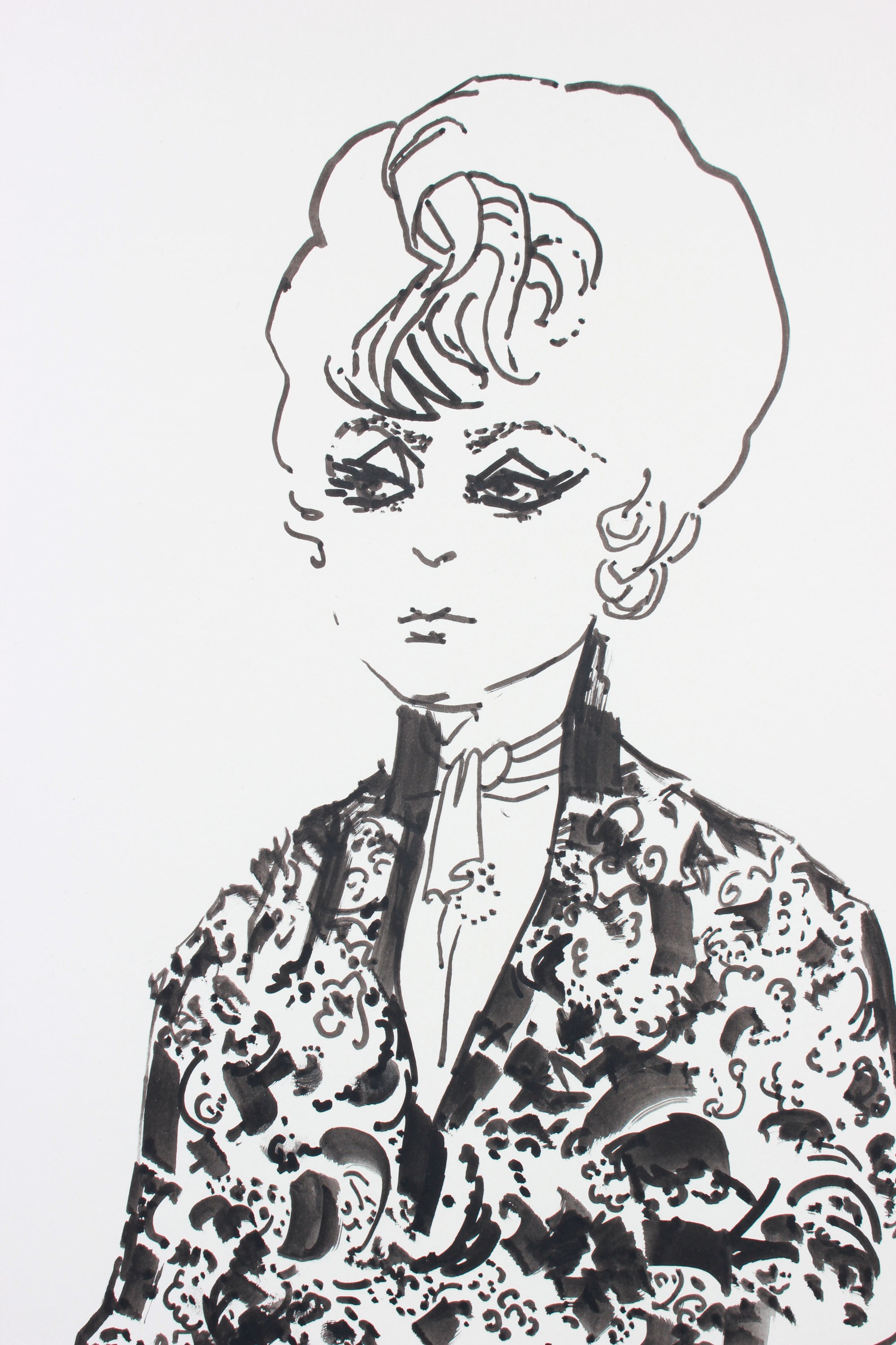 Contemplative Mod Woman <br>1960-80s Ink <br><br>#A7379