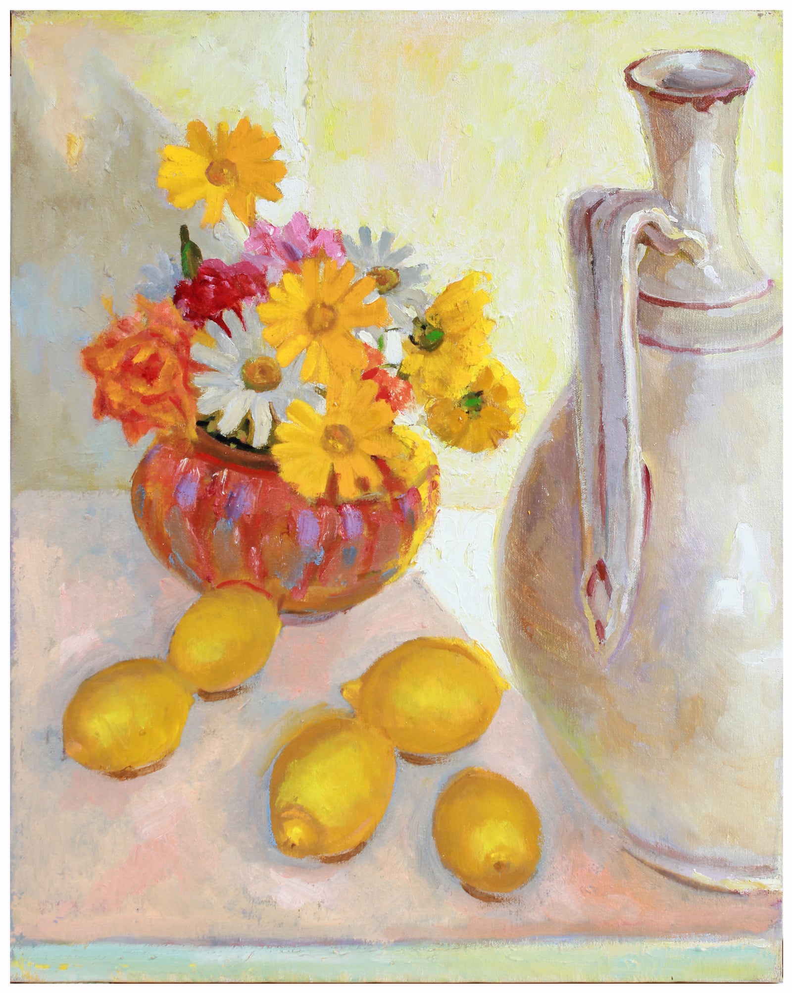 Yellow Flowers and Lemons Still Life <br>Mid-Late 20th Century Oil <br><br>#A7401