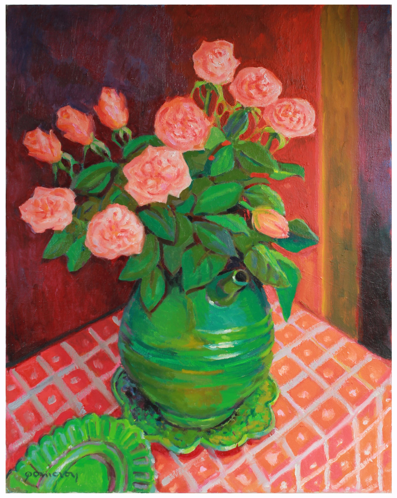 Pink Rose Still Life <br>Mid-Late 20th Century Oil <br><br>#A7404