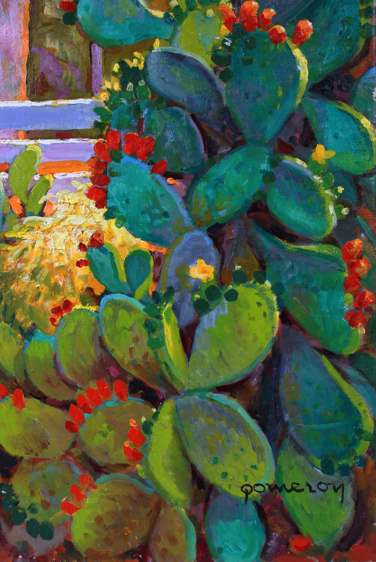 Sunny Cactus Still Life <br>Mid-Late 20th Century Oil <br><br>#A7414