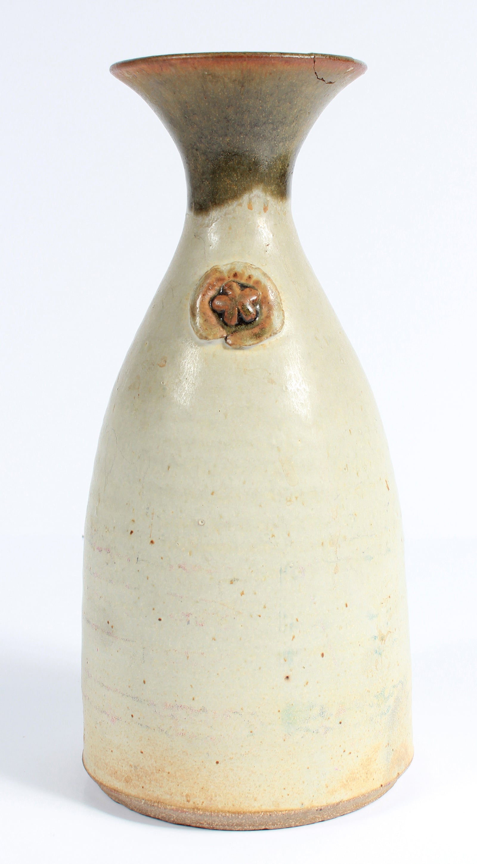 Cream-Colored Vase with Flower Detail <br>1973 Stone Ground Ceramic <br><br>#A7516