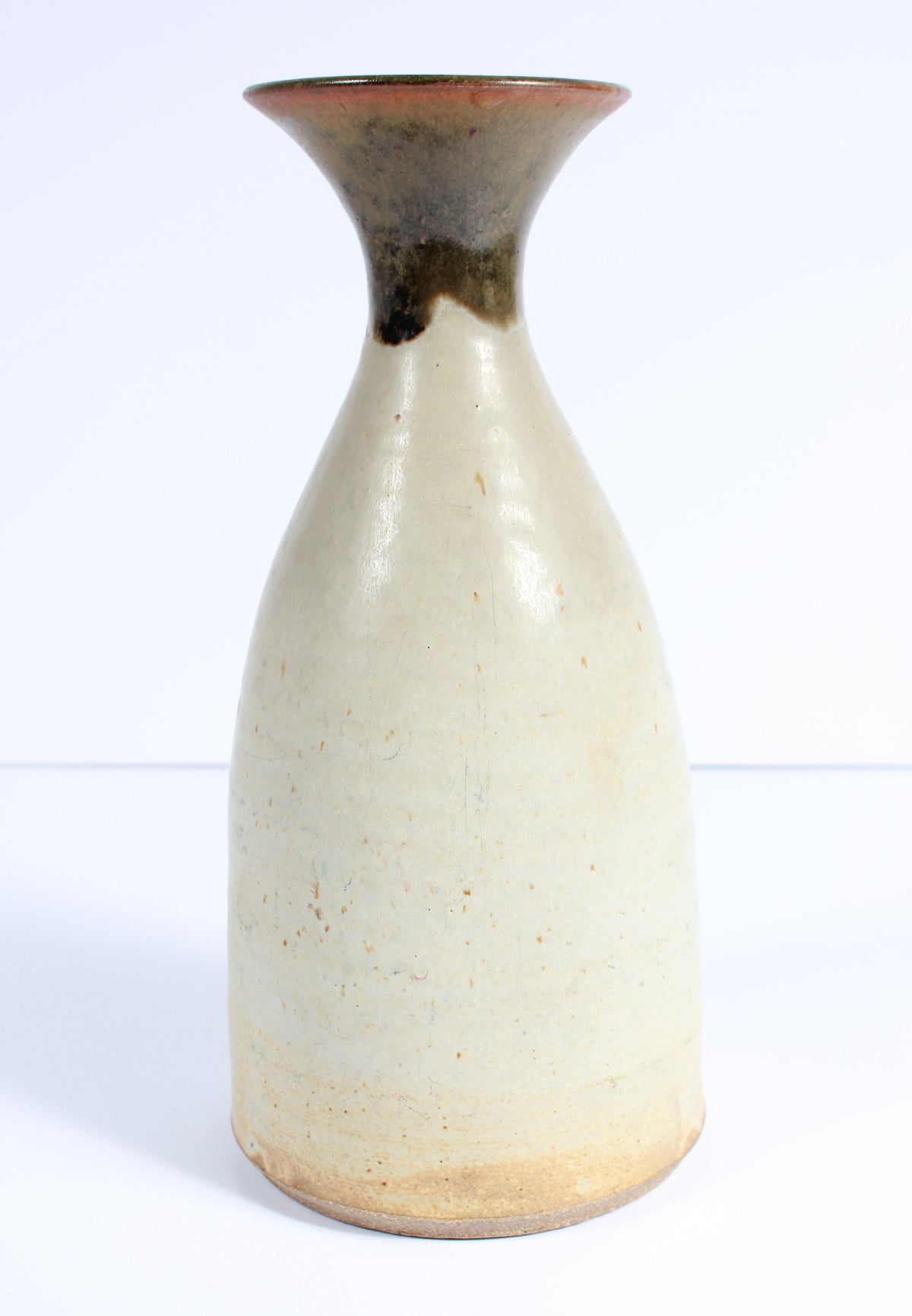 Cream-Colored Vase with Flower Detail <br>1973 Stone Ground Ceramic <br><br>#A7516