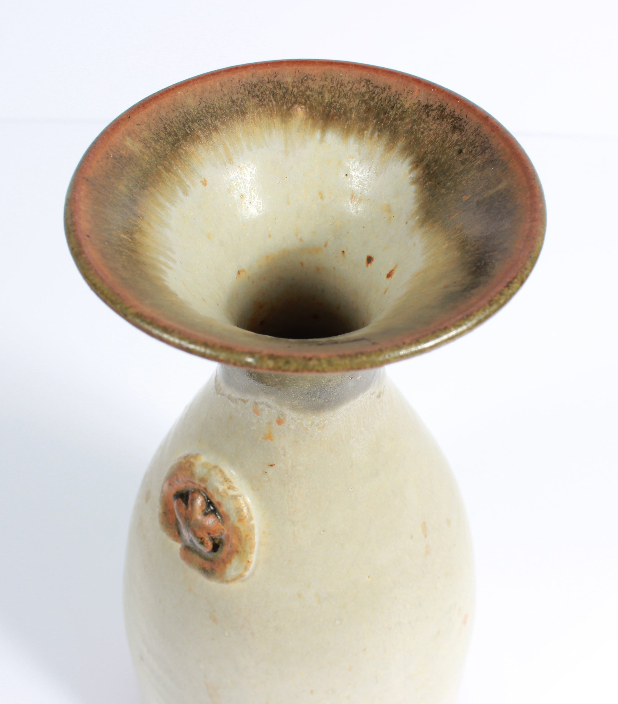 Cream-Colored Vase with Flower Detail <br>1973 Stone Ground Ceramic <br><br>#A7516