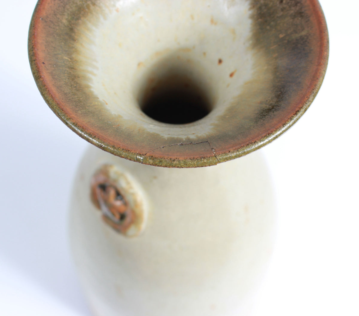 Cream-Colored Vase with Flower Detail <br>1973 Stone Ground Ceramic <br><br>#A7516