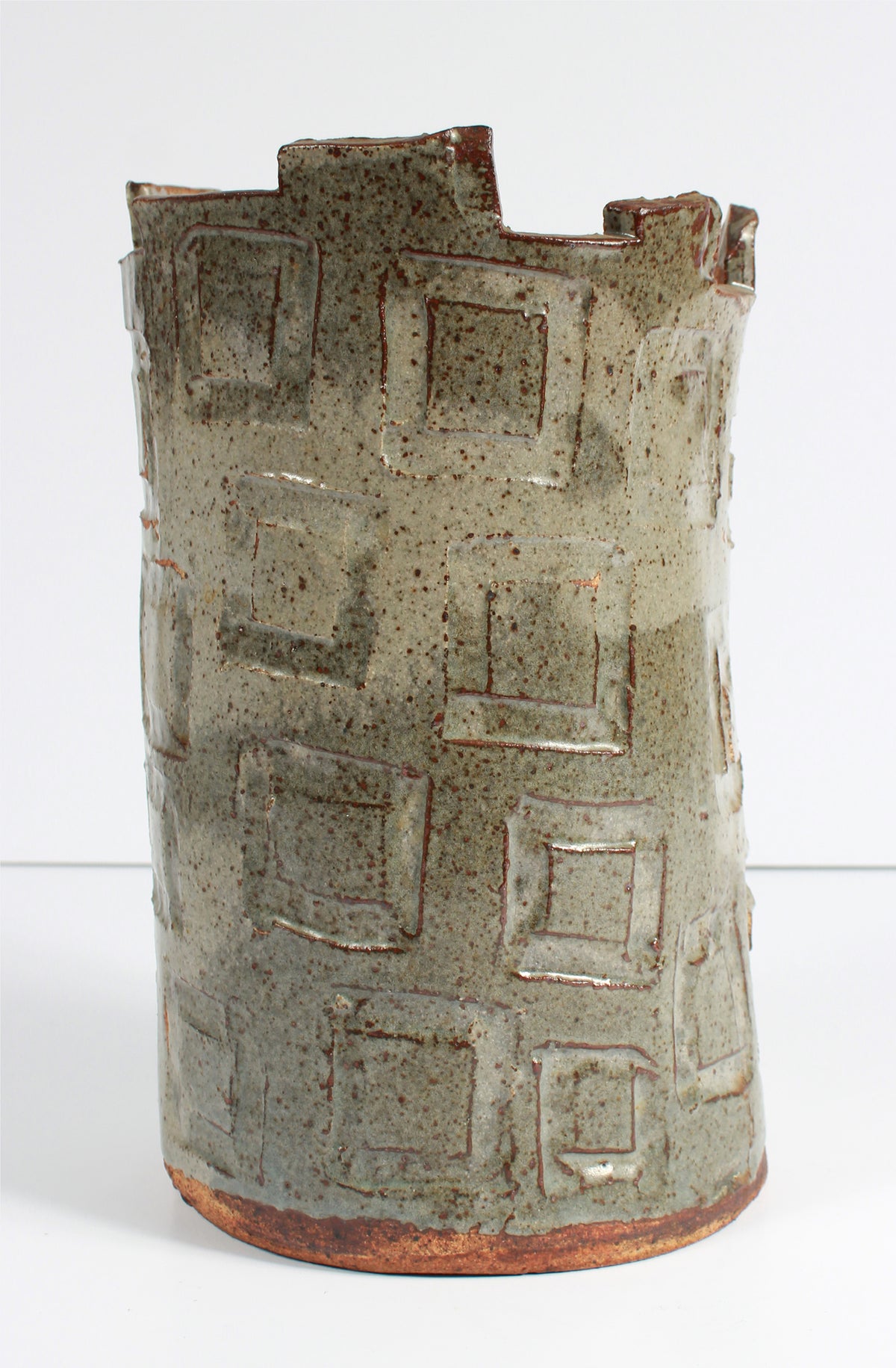 Upright Vessel with Geometric Pattern <br>1987 Stone Ground Ceramic <br><br>#A7532