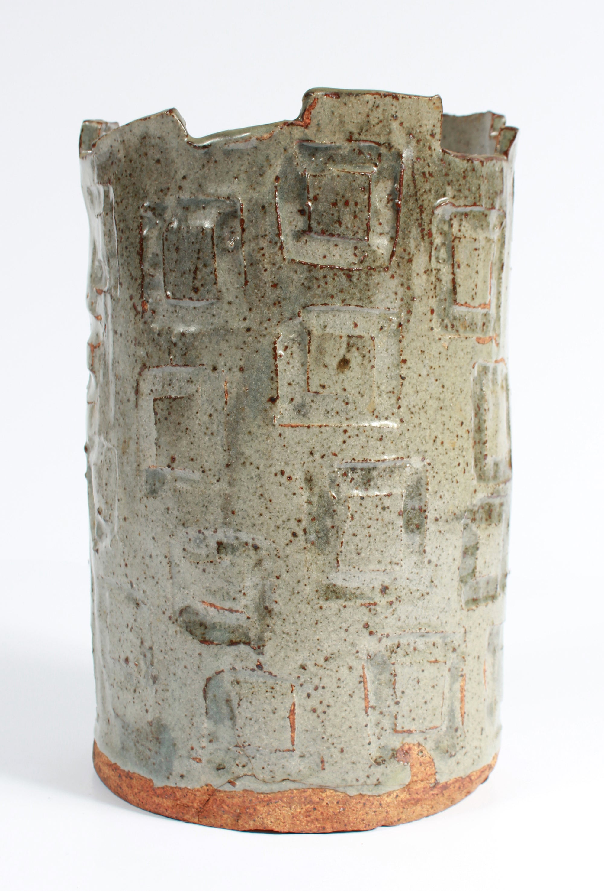 Upright Vessel with Geometric Pattern <br>1987 Stone Ground Ceramic <br><br>#A7532