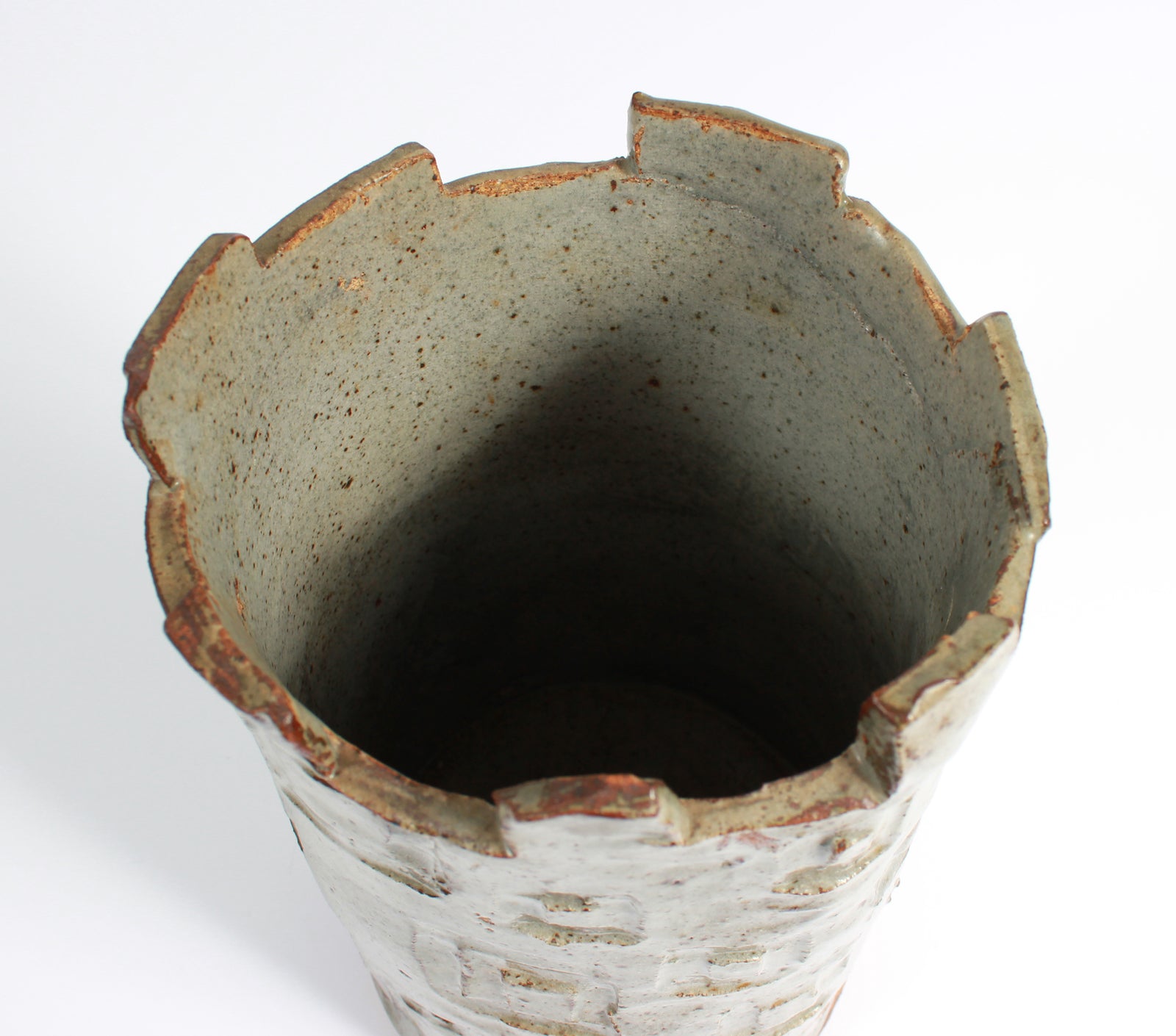 Upright Vessel with Geometric Pattern <br>1987 Stone Ground Ceramic <br><br>#A7532