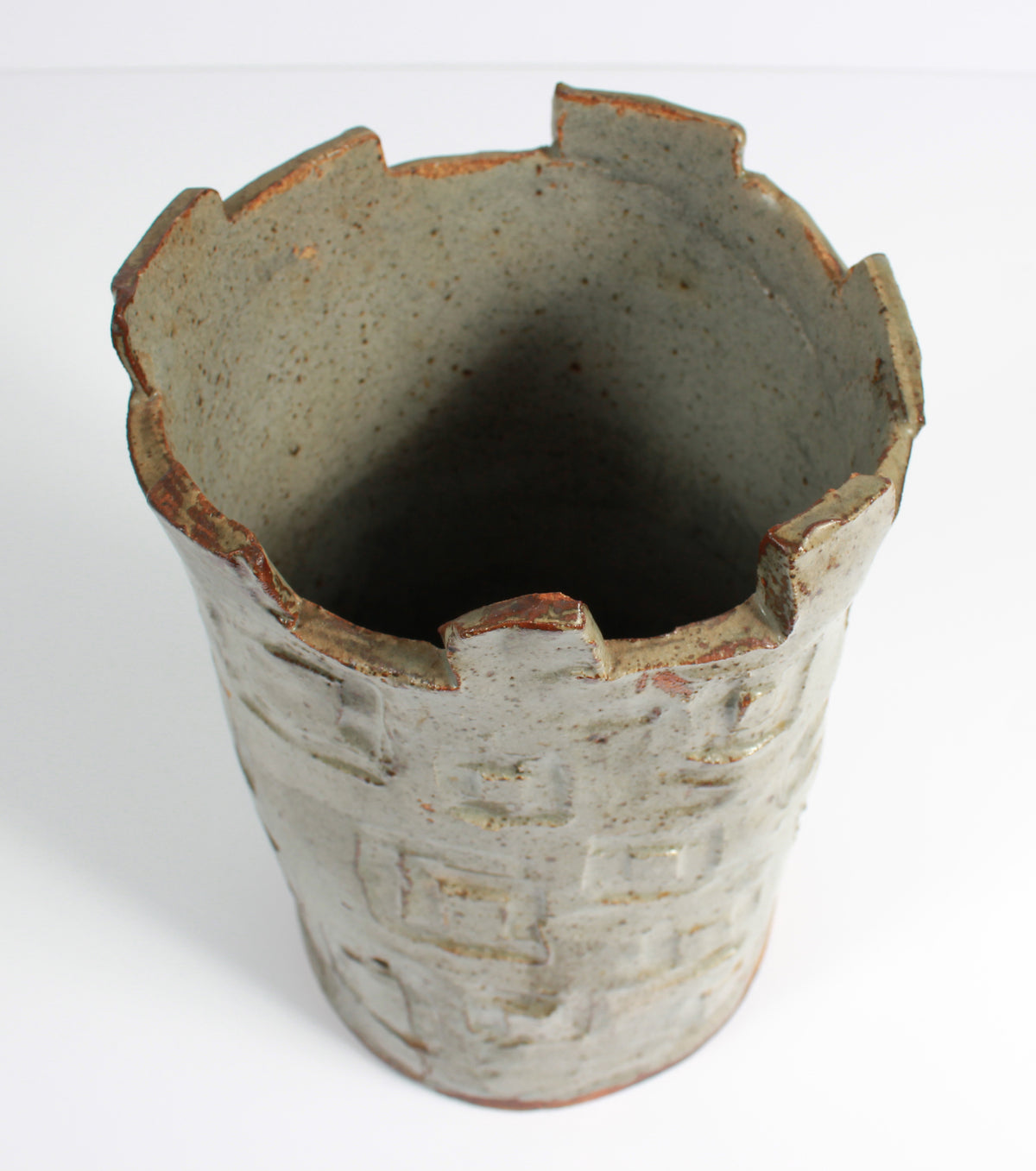 Upright Vessel with Geometric Pattern <br>1987 Stone Ground Ceramic <br><br>#A7532