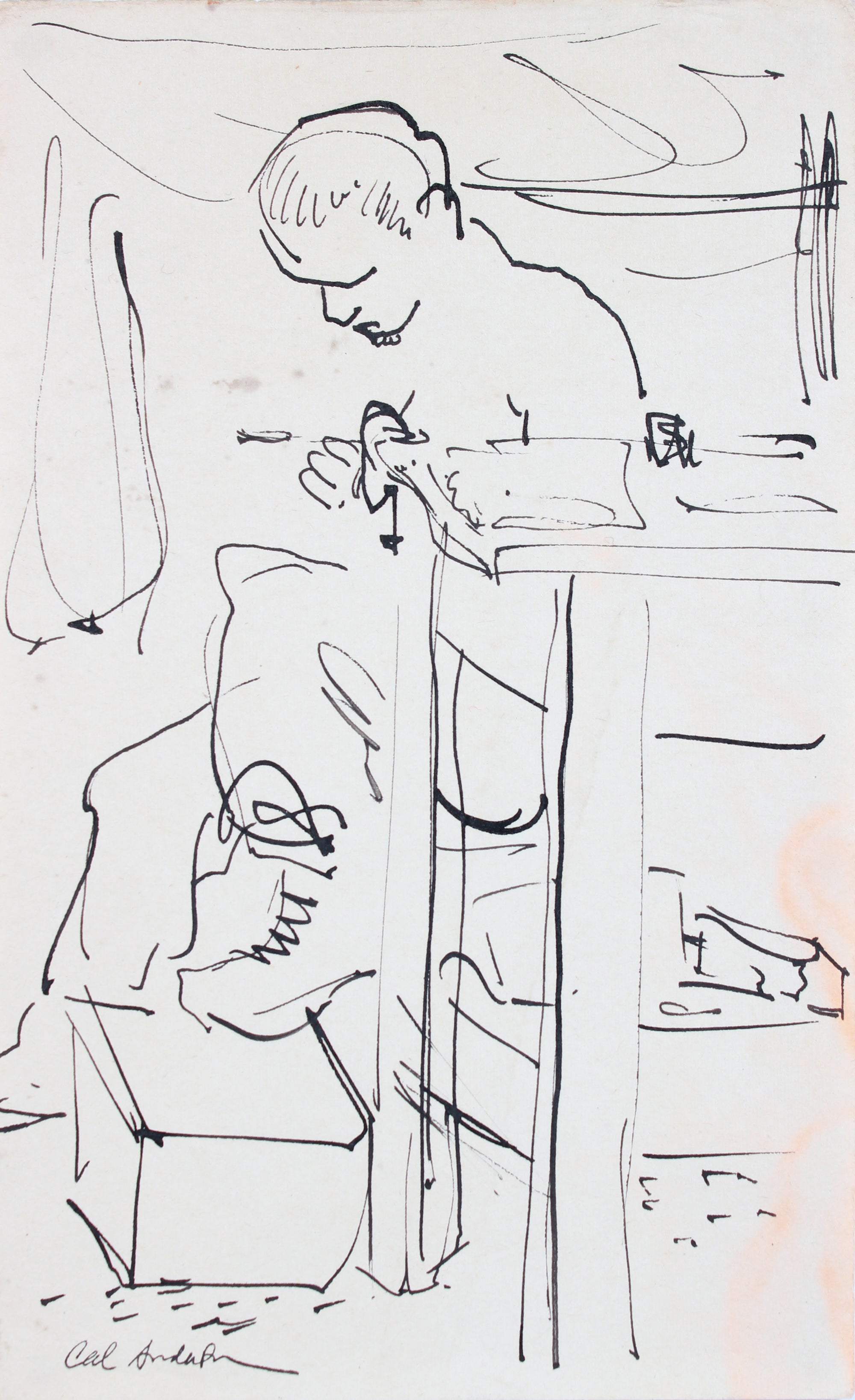 Man in His Workshop, Modernist Drawing <br>Mid Century Ink <br><br>#A7615