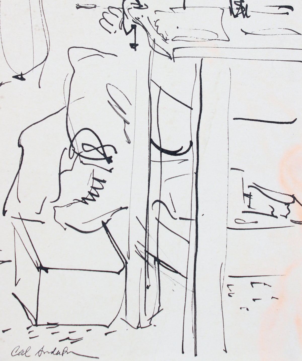 Man in His Workshop, Modernist Drawing <br>Mid Century Ink <br><br>#A7615