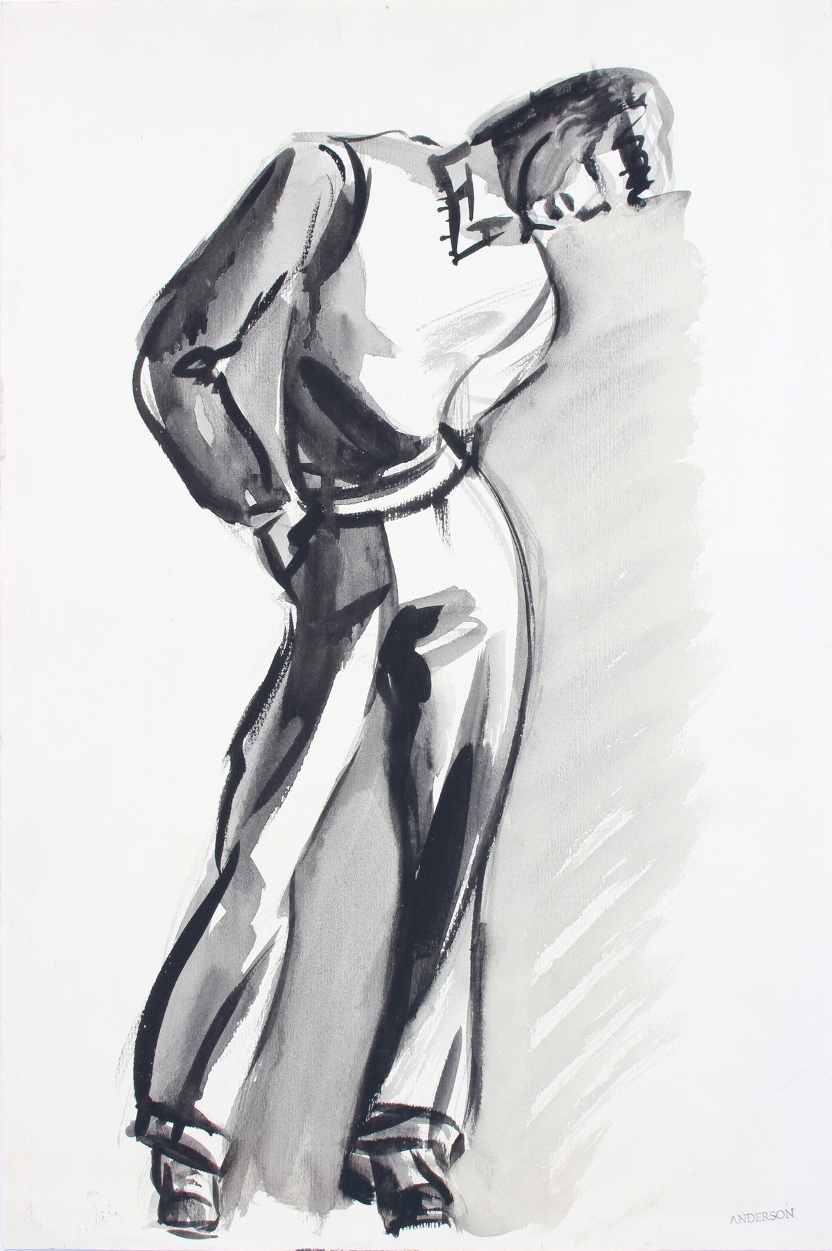 Leaning Male Portrait &lt;br&gt;Mid 20th Century Gouache &lt;br&gt;&lt;br&gt;#A7619
