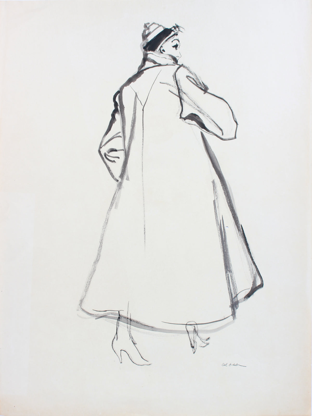 Fashion Overcoat Drawing &lt;br&gt;Mid 20th Century Gouache &lt;br&gt;&lt;br&gt;#A7621