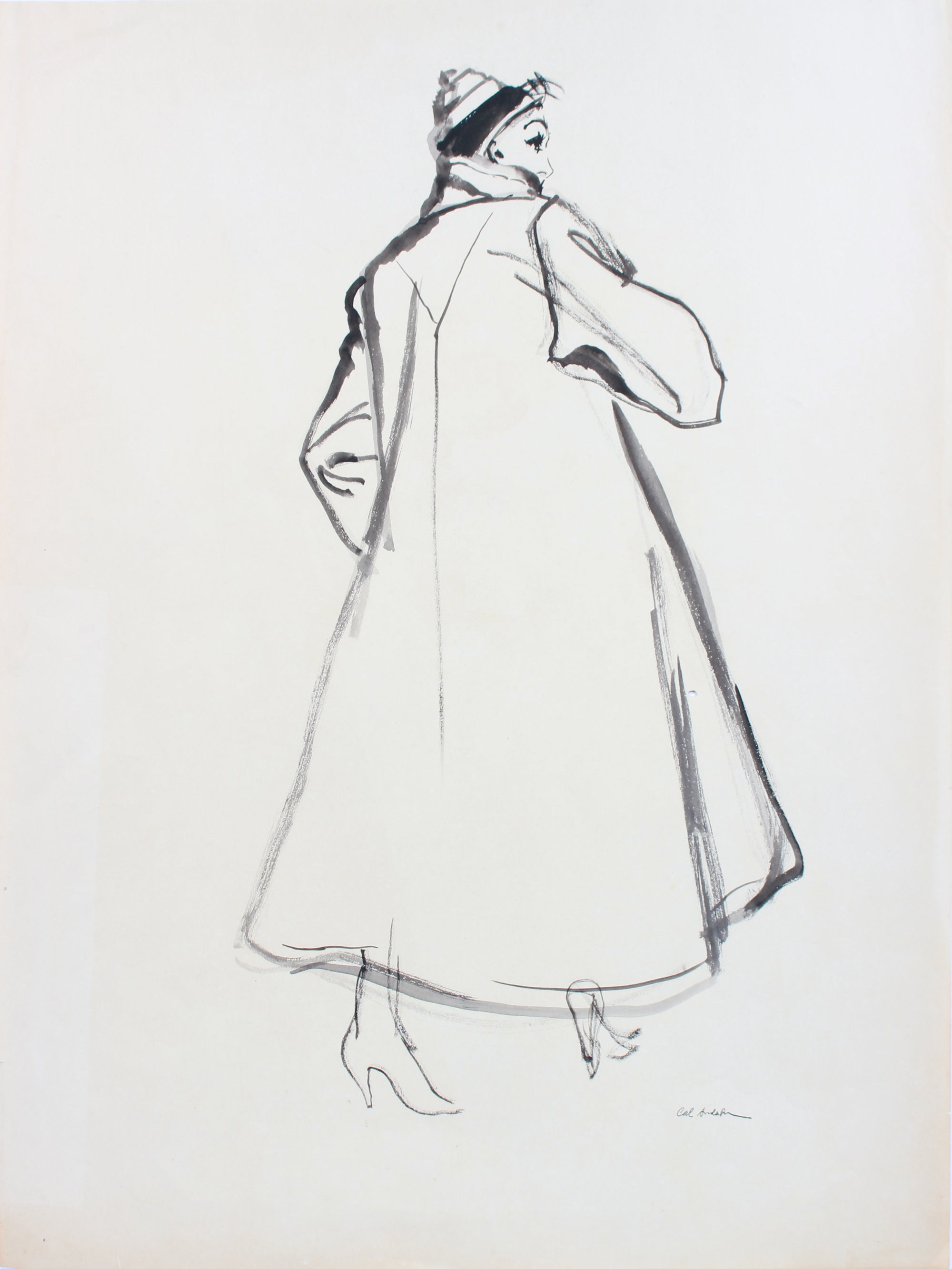 Fashion Overcoat Drawing <br>Mid 20th Century Gouache <br><br>#A7621