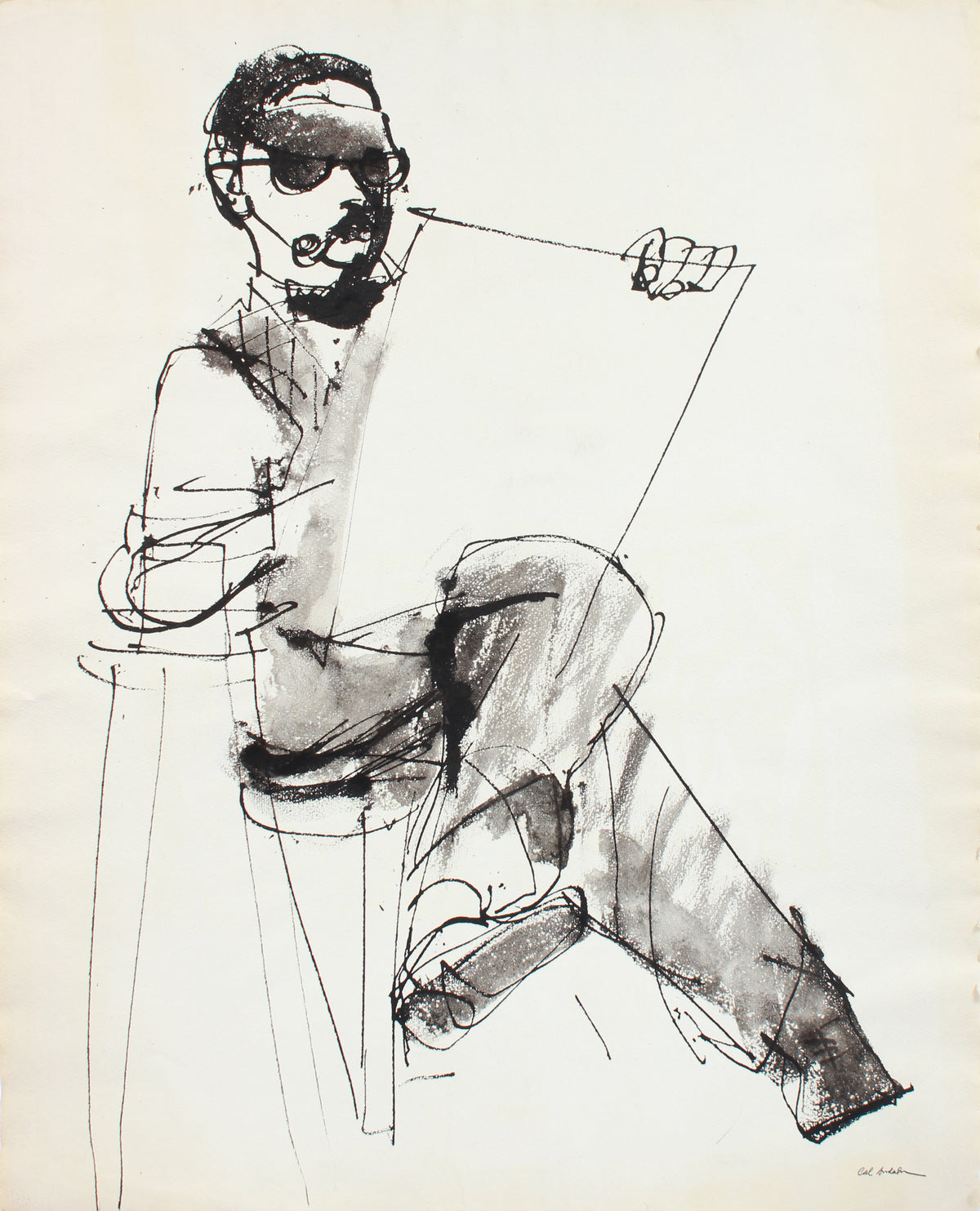 Monochrome Man with Sketchbook &lt;br&gt;Mid Century Gouache &lt;br&gt;&lt;br&gt;#A7623