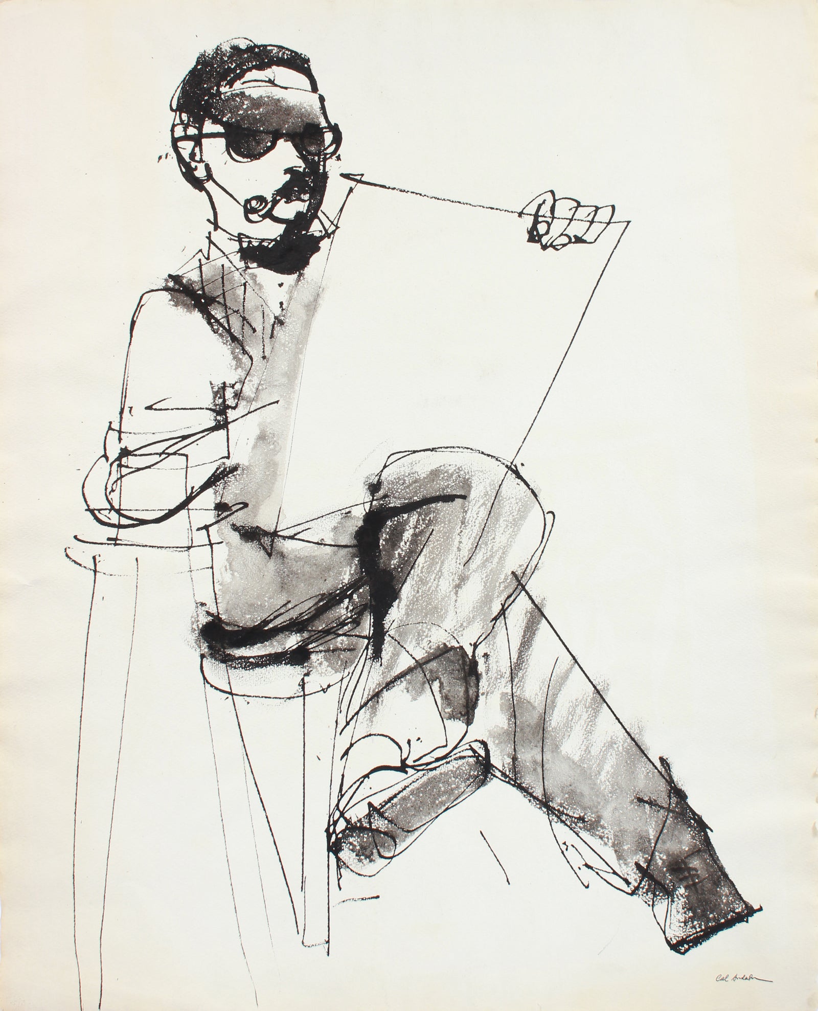 Monochrome Man with Sketchbook <br>Mid Century Gouache <br><br>#A7623