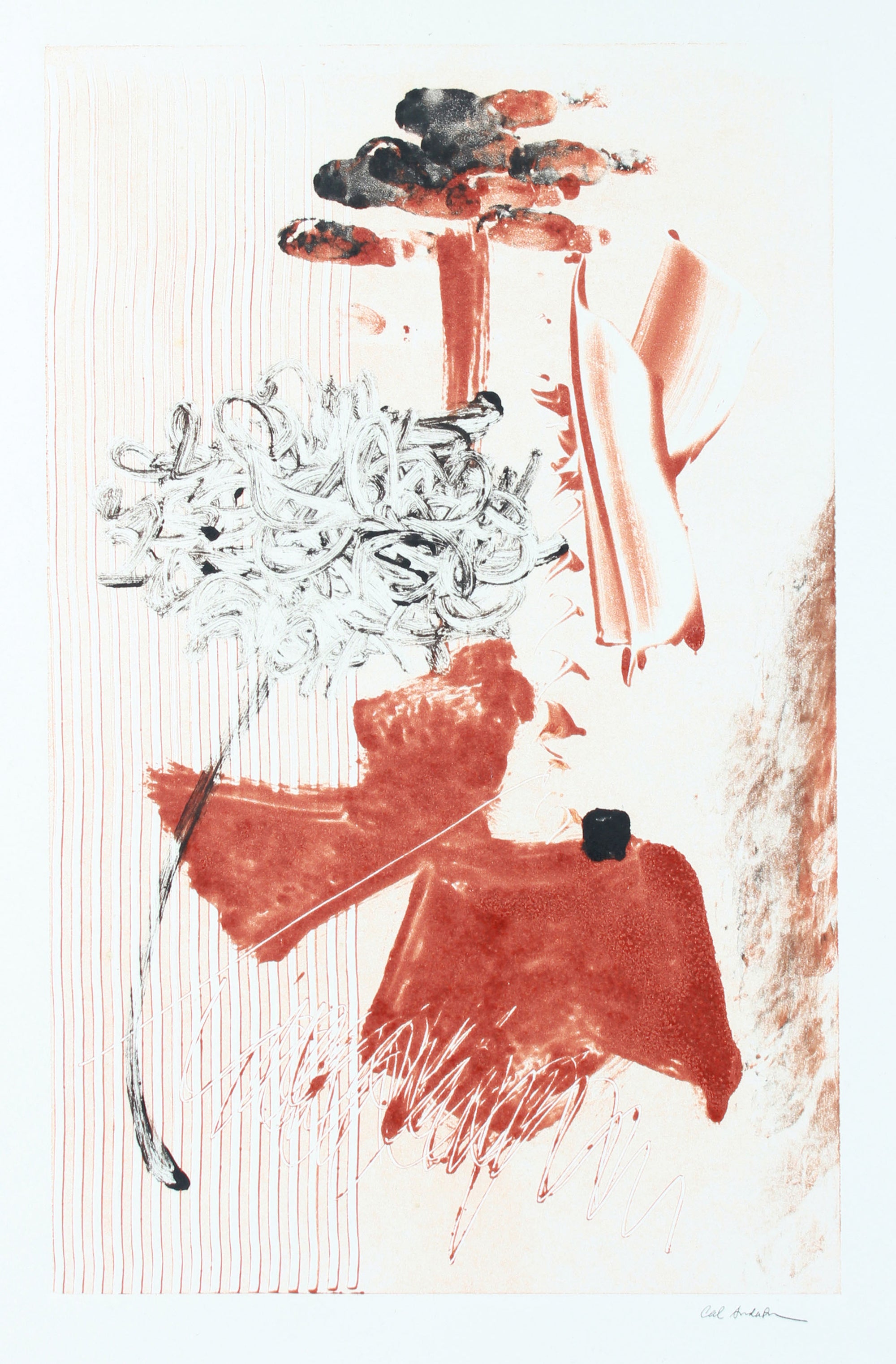 Pale Red Gestural Abstract <br>20th Century Monotype <br><br>#A7638
