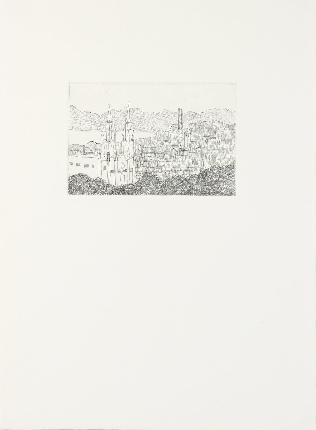 St. Ignacios & San Francisco Skyline <br>20th Century Etching <br><br>#A7639