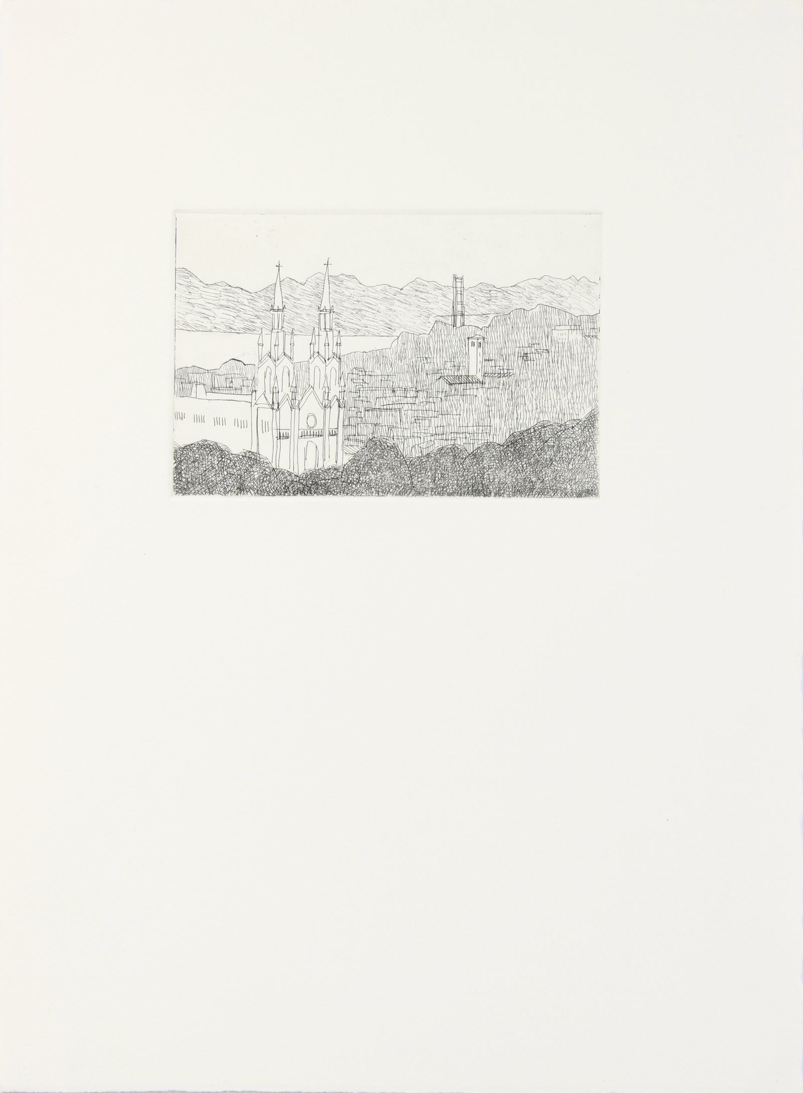 St. Ignacios & San Francisco Skyline <br>20th Century Etching <br><br>#A7639