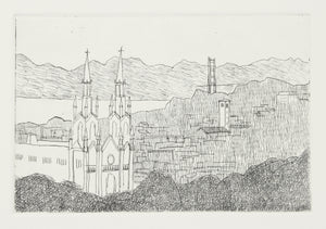 St. Ignacios & San Francisco Skyline <br>20th Century Etching <br><br>#A7639