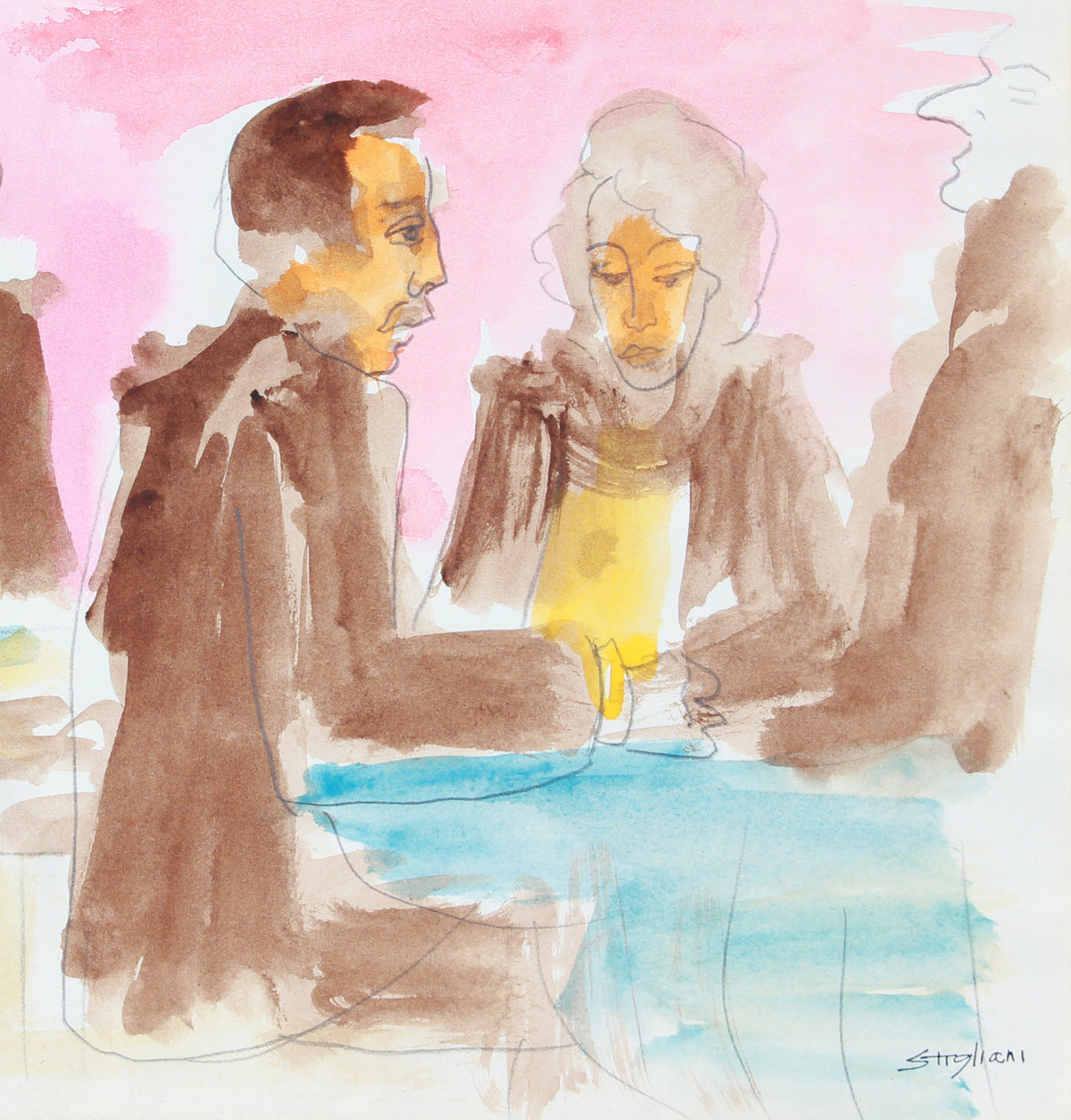 Figures in Conversation <br>20th Century Watercolor <br><br>#A7646