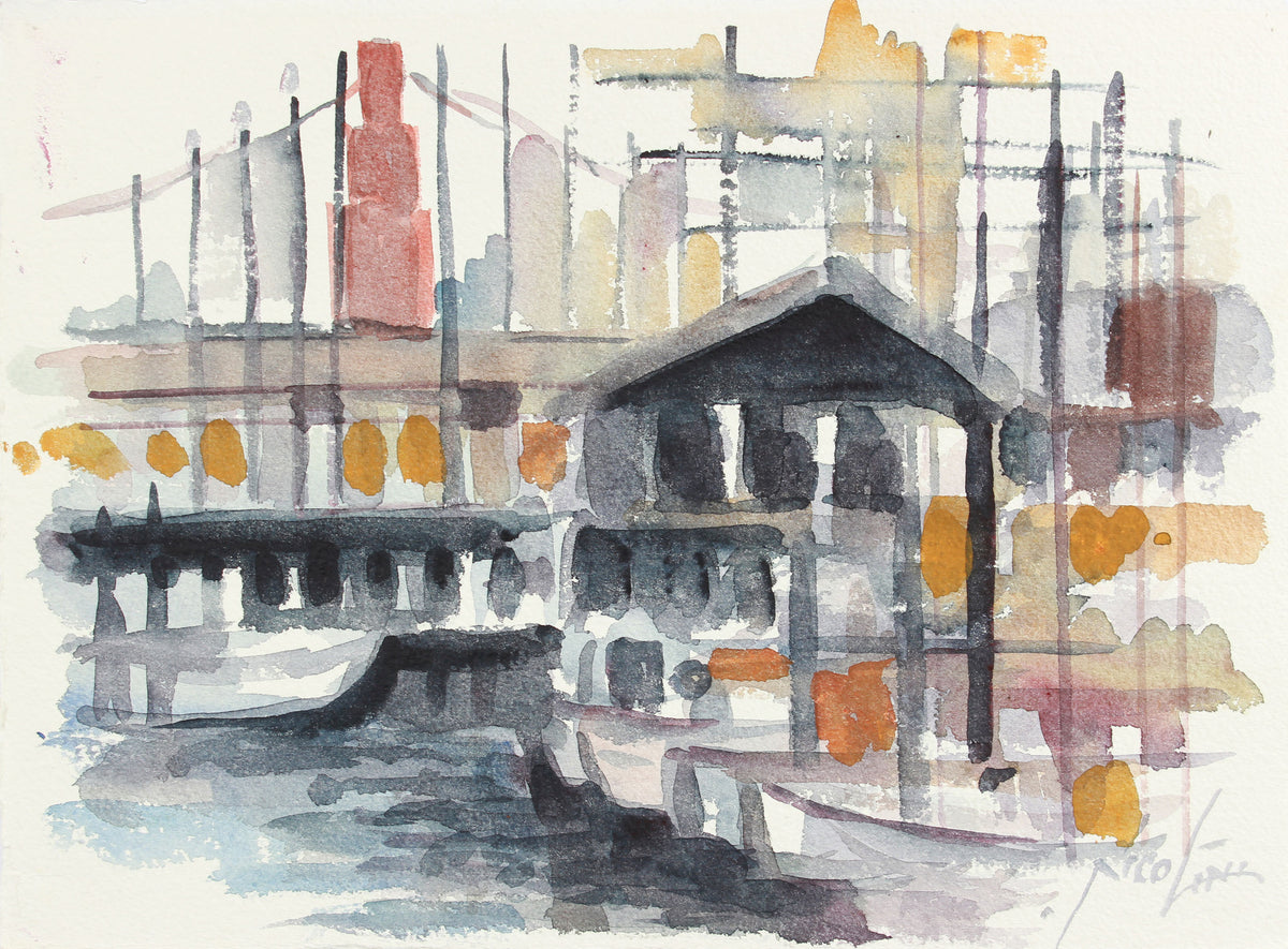 Distant Cityscape in Abstraction <br>Mid-Late 20th Century Watercolor <br><br>#A7769