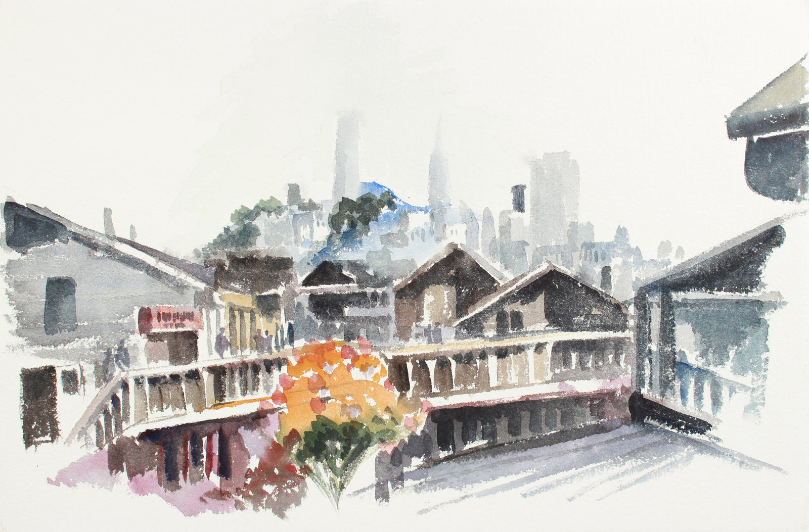Balcony Cityscape View <br>Mid to Late 20th Century Watercolor <br><br>#A7775