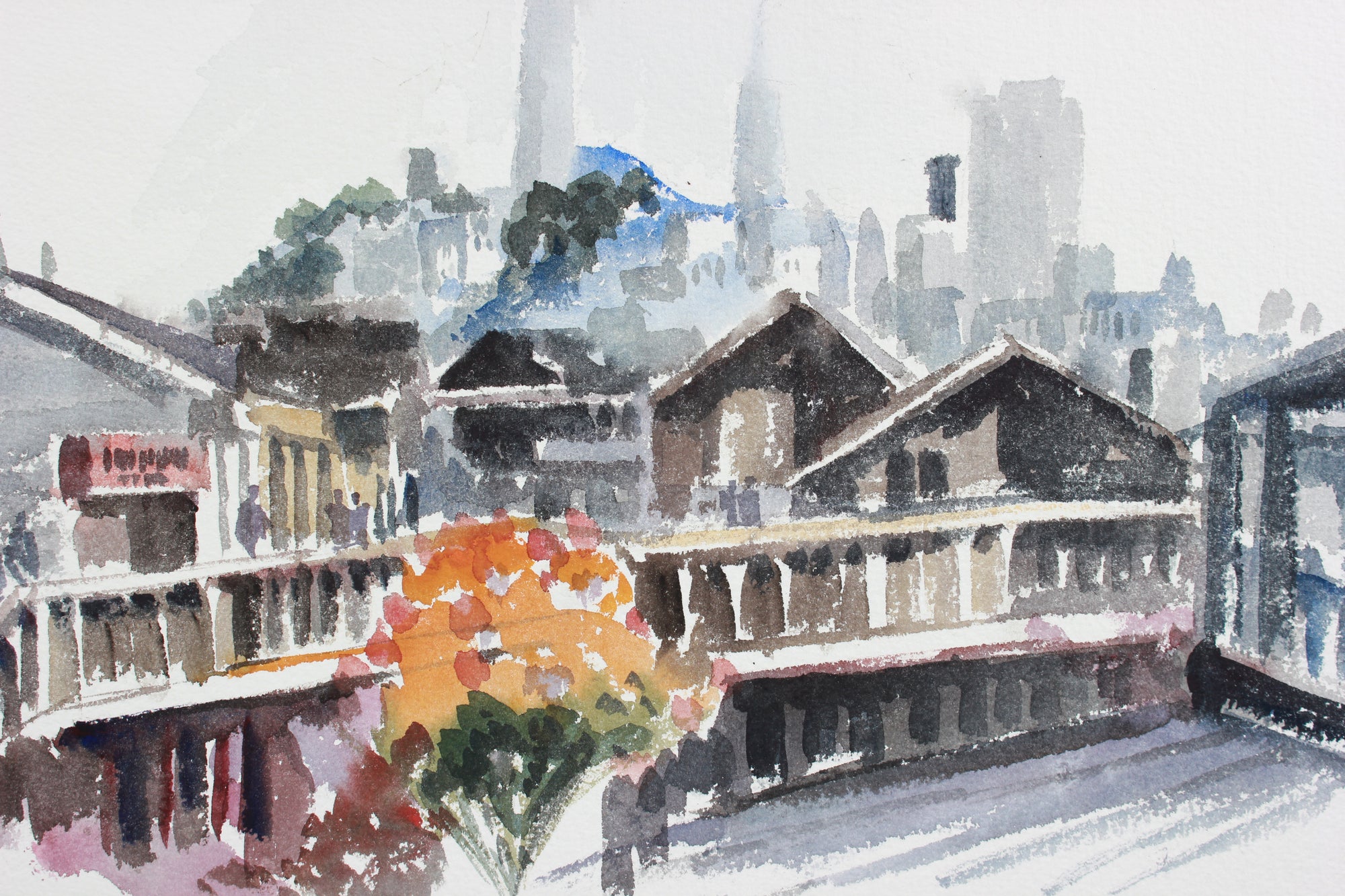 Balcony Cityscape View <br>Mid to Late 20th Century Watercolor <br><br>#A7775