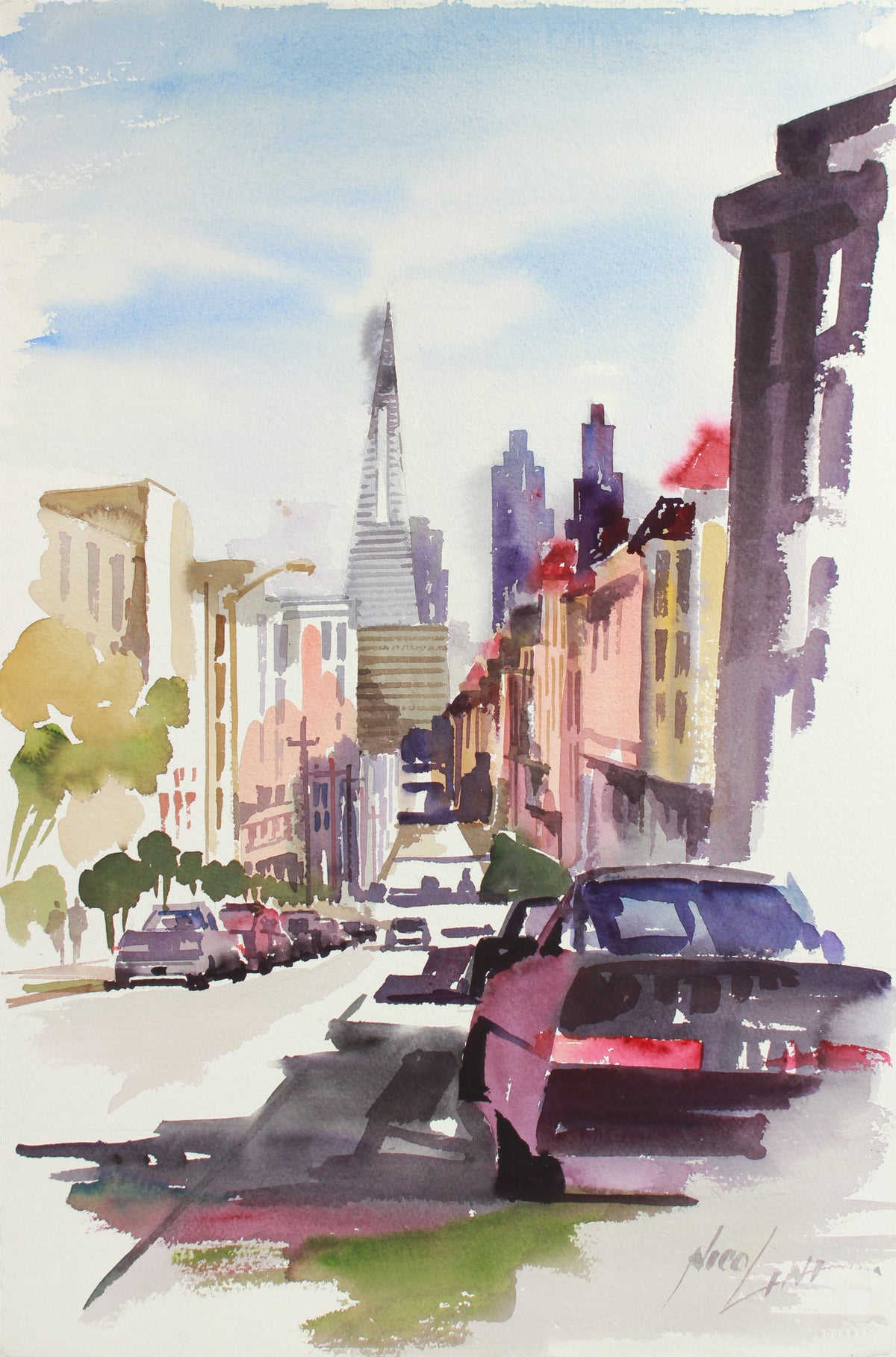 San Francisco Streetview &amp; Skyline &lt;br&gt;20th Century Watercolor &lt;br&gt;&lt;br&gt;#A7780