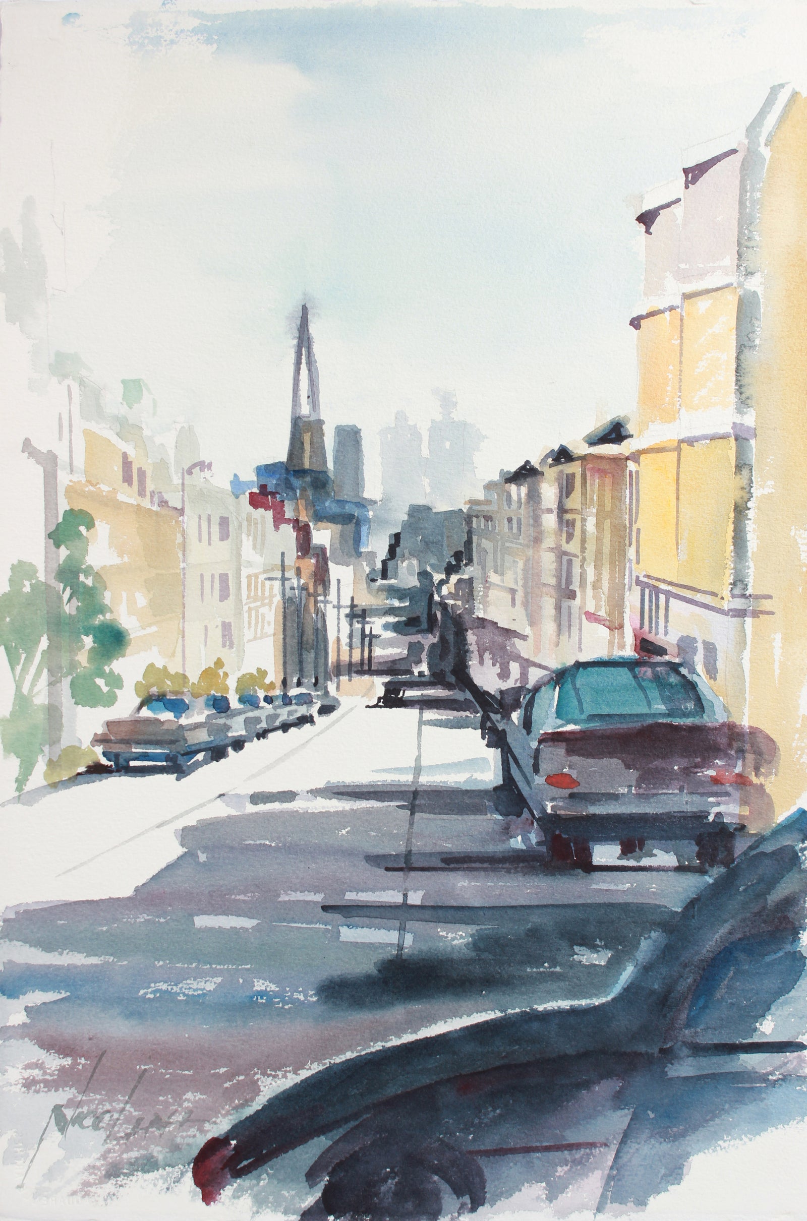 San Francisco Streetview & Skyline <br>Mid to Late 20th Century Watercolor <br><br>#A7784