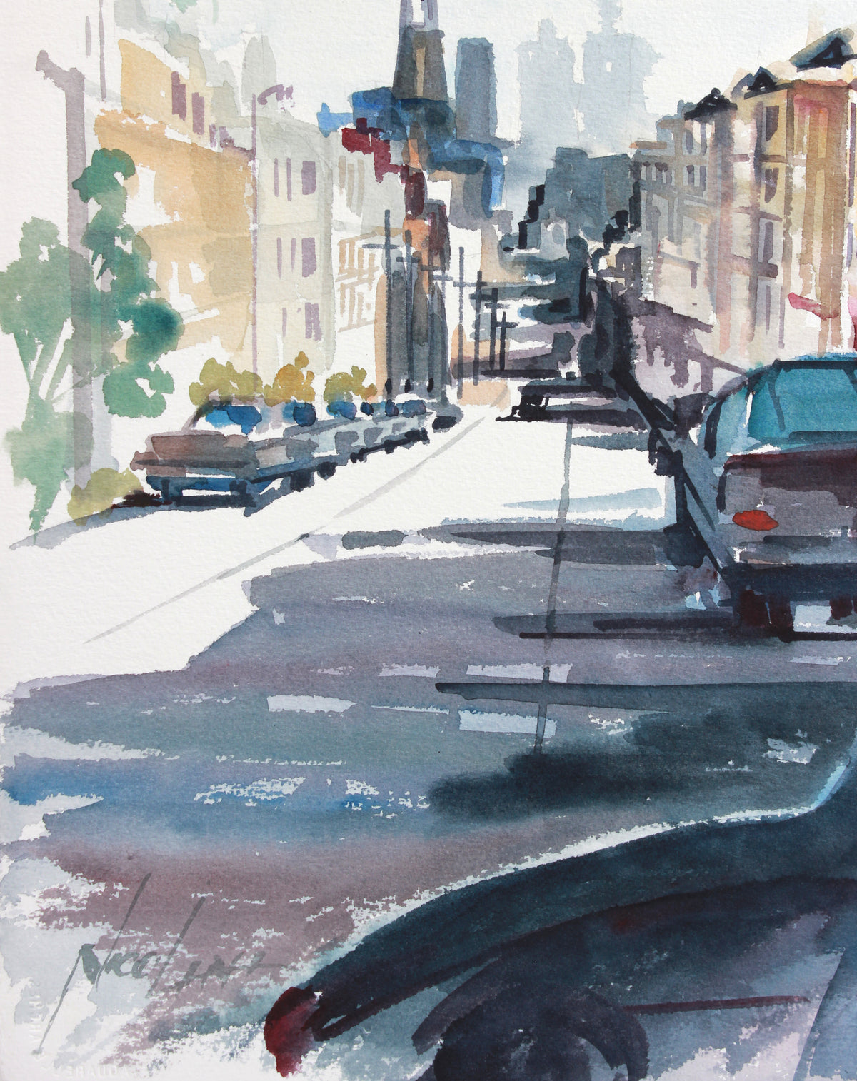 San Francisco Streetview & Skyline <br>Mid to Late 20th Century Watercolor <br><br>#A7784