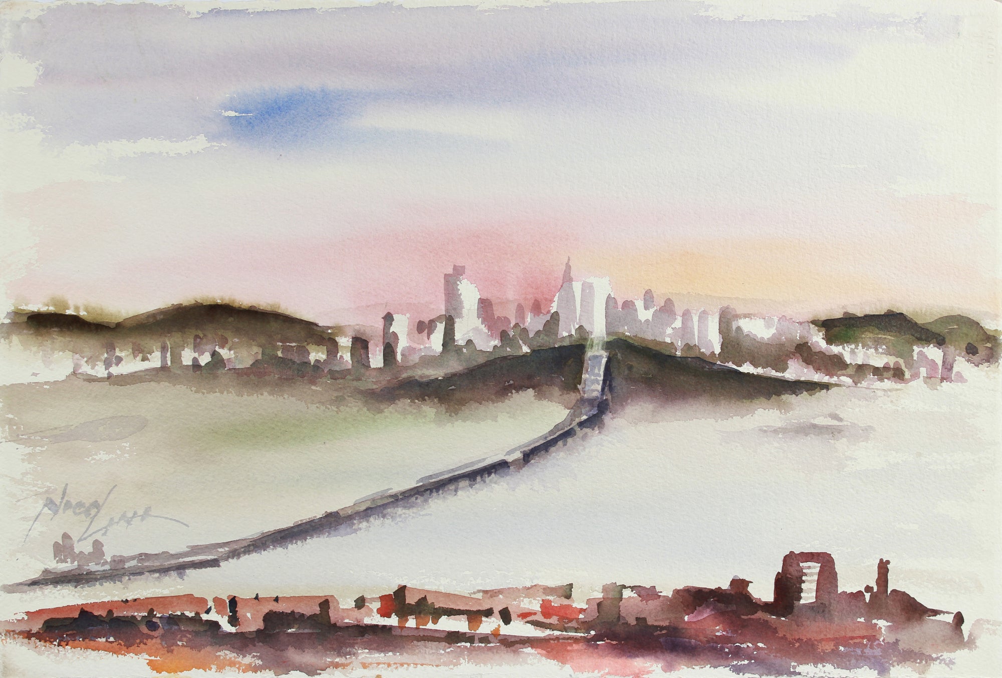 San Francisco Skyline & San Rafael Bridge <br>Late 20th Century Watercolor <br><br>#A7807