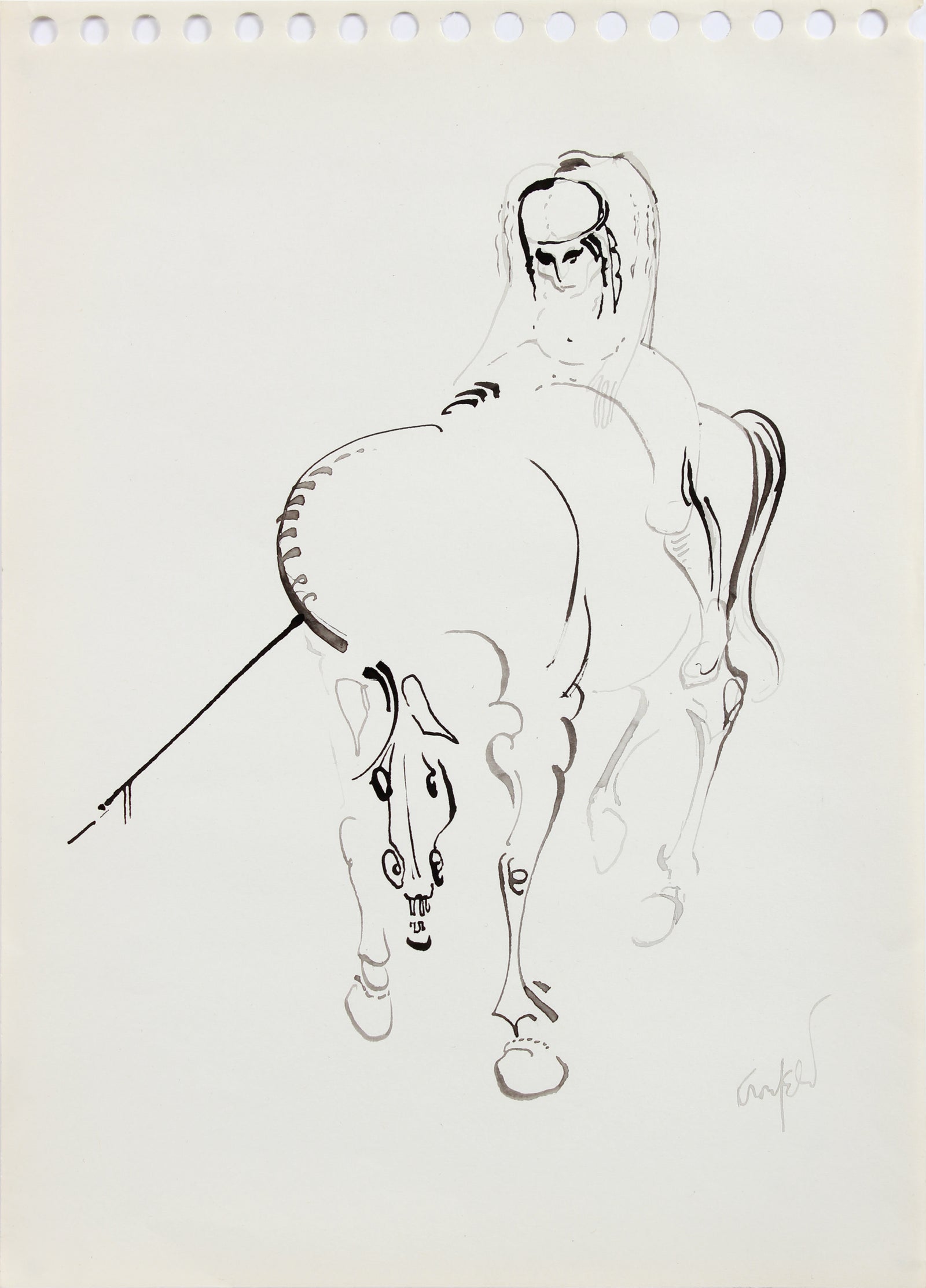 Surreal Horse & Man Drawing <br>1960-80s Ink <br><br>#A8209