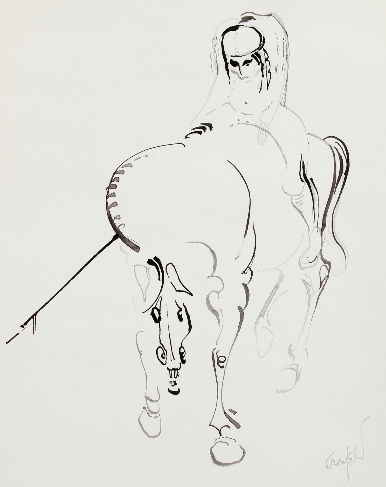 Surreal Horse & Man Drawing <br>1960-80s Ink <br><br>#A8209