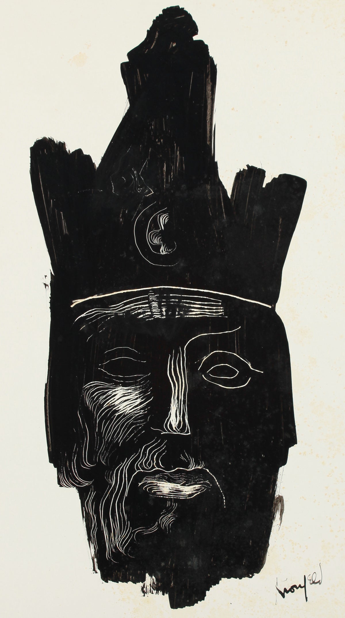 Classical Face with Crown <br>1960-80s Acrylic with Scratching <br><br>#A8212