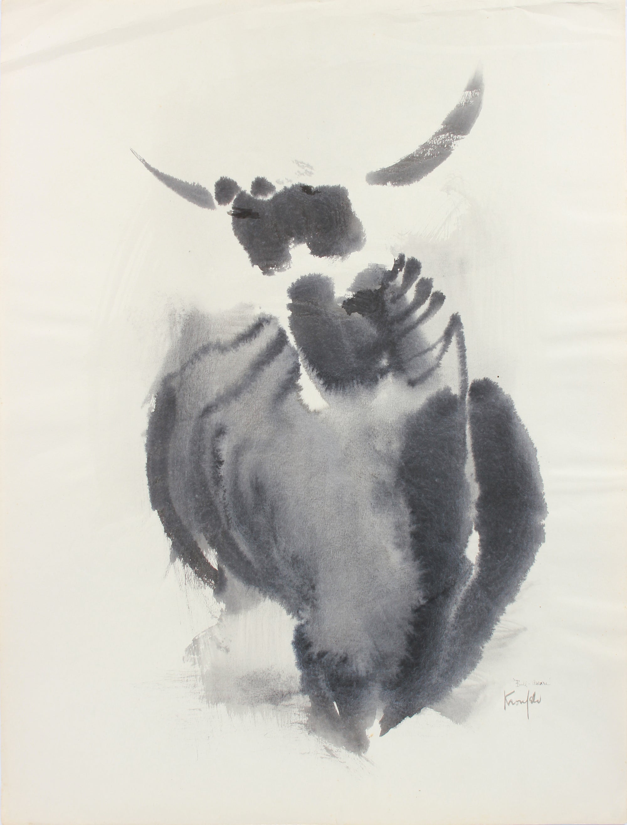 Horned-Animal Deconstruction <br>1960-80s Watercolor <br><br>#A8301