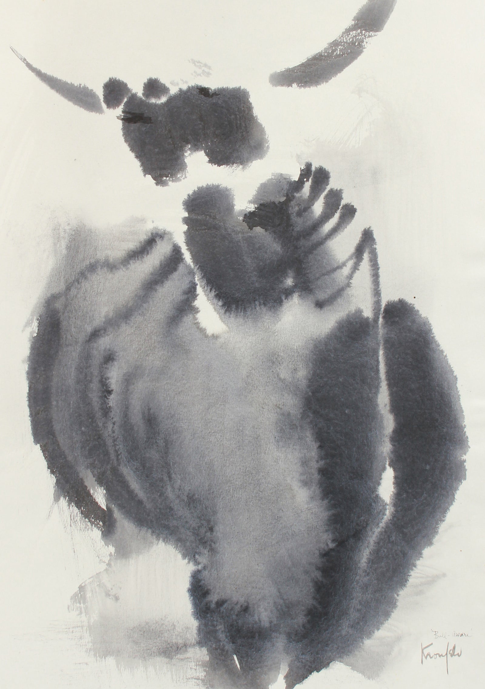 Horned-Animal Deconstruction <br>1960-80s Watercolor <br><br>#A8301