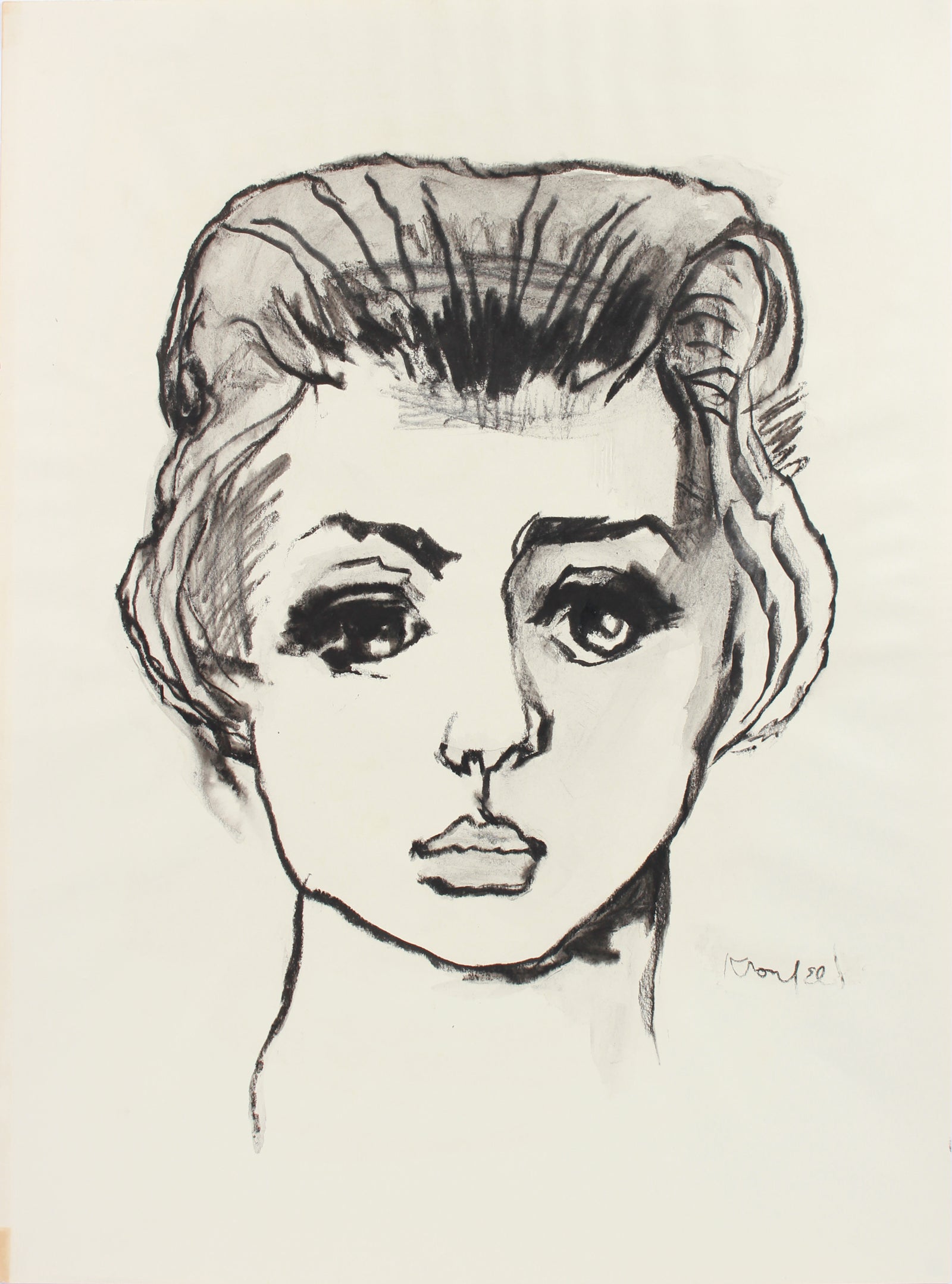 Arresting Female Portrait Drawing <br>1960-80s Charcoal <br><br>#A8302