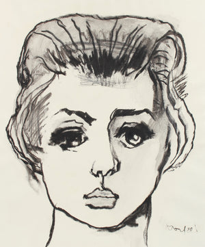 Arresting Female Portrait Drawing <br>1960-80s Charcoal <br><br>#A8302