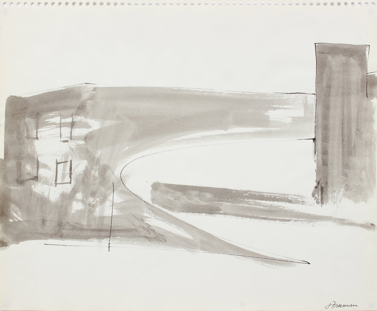 Black & White Cityscape Abstraction <br>1976 Ink Wash <br><br>#A8316