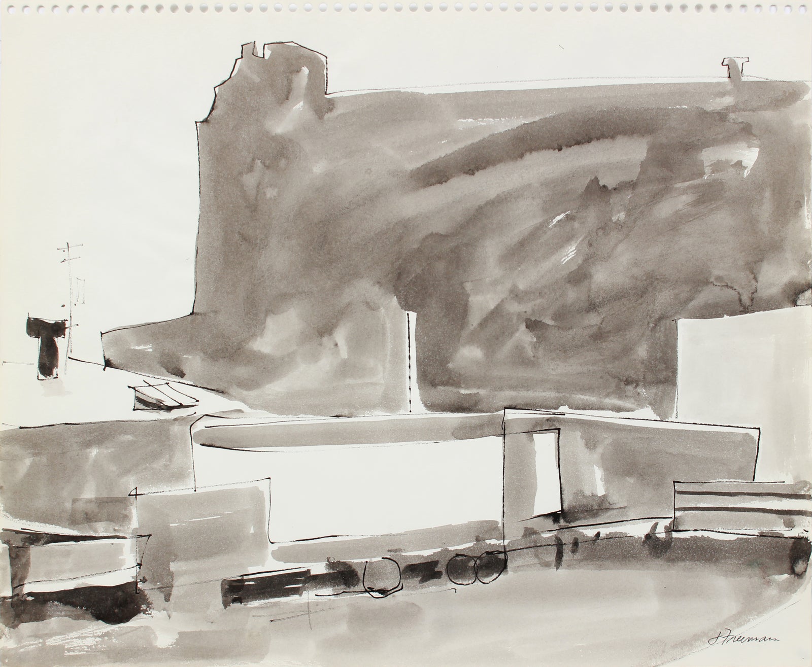 Monochrome Cityscape Abstraction <br>1976 Ink Wash <br><br>#A8317