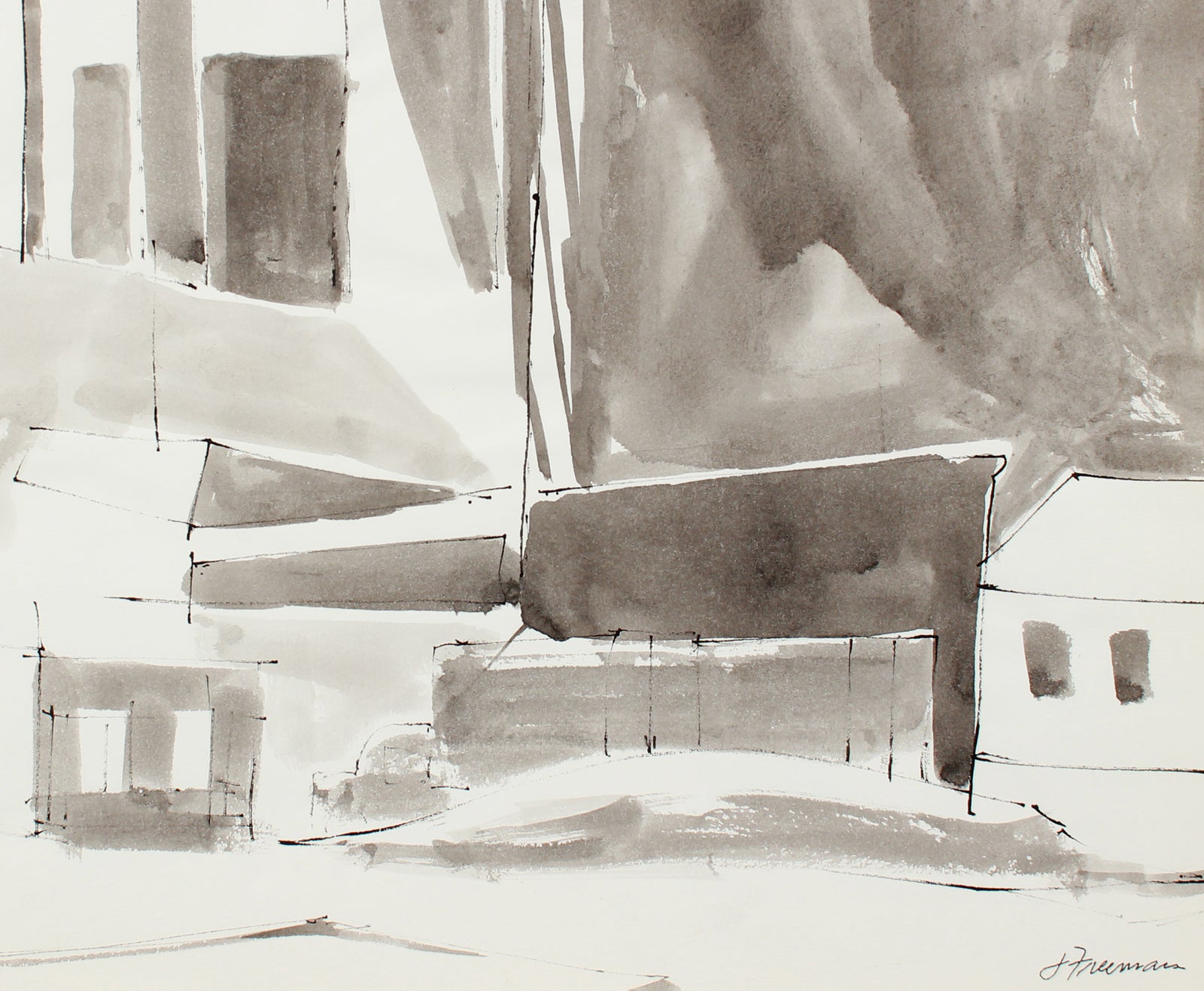 Industrial Cityscape Abstraction <br>1976 Ink Wash <br><br>#A8318