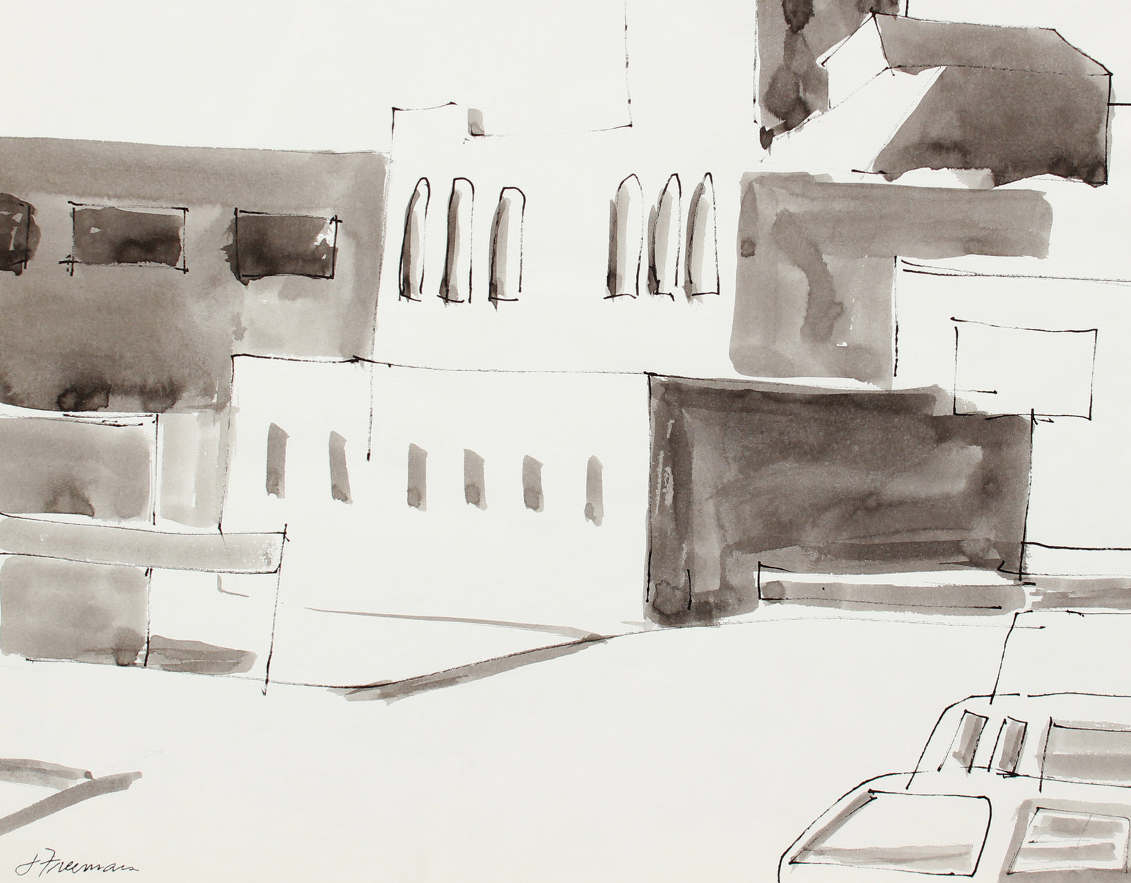 Modernist Industrial Abstraction <br>1976 Ink Wash <br><br>#A8319