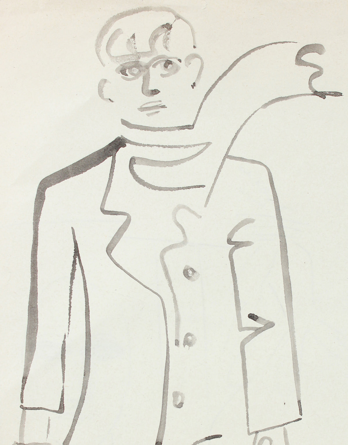 <i>Paris</i>, Man with Scarf <br>1940-50s Charcoal <br><br>#A8412