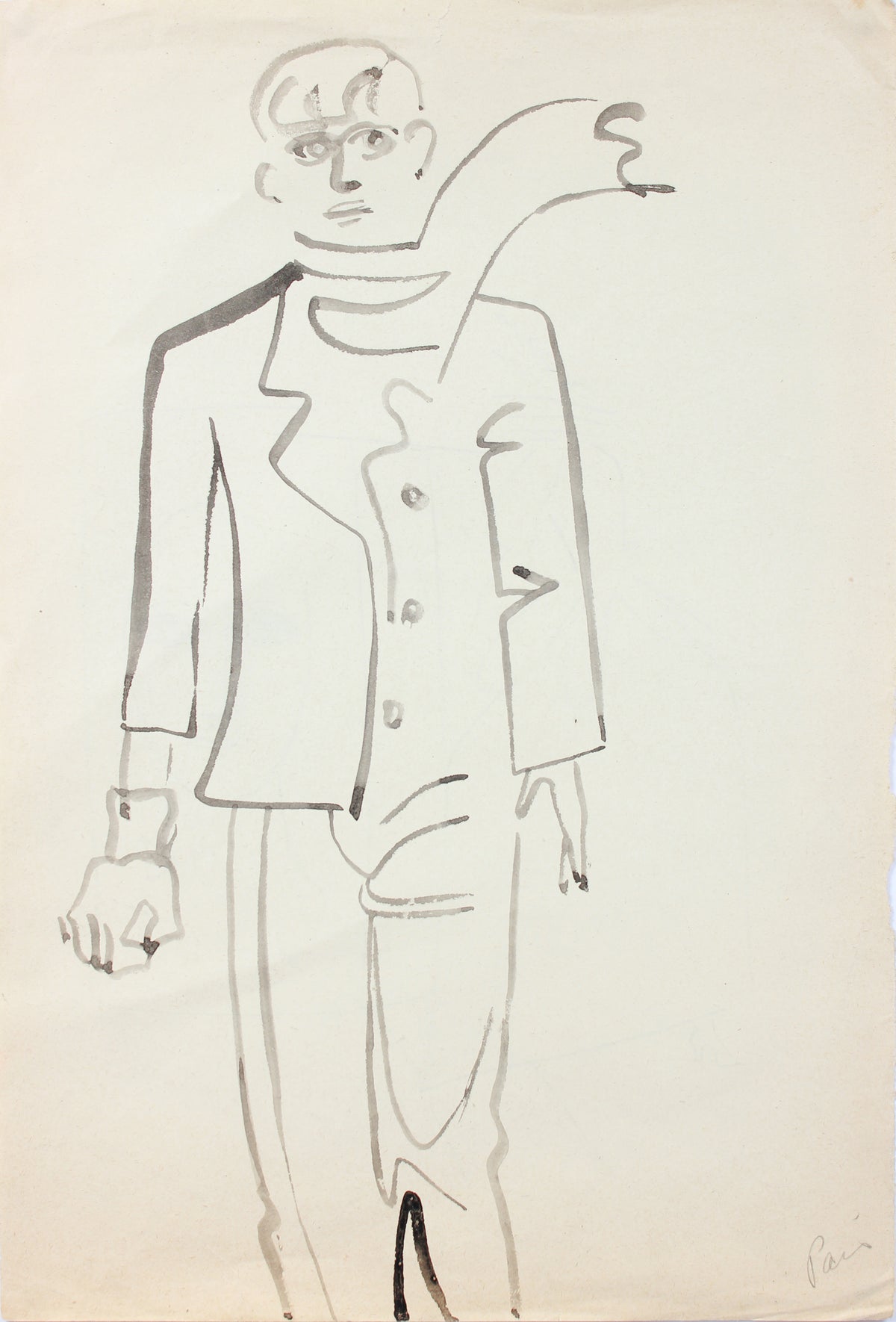 <i>Paris</i>, Man with Scarf <br>1940-50s Charcoal <br><br>#A8412
