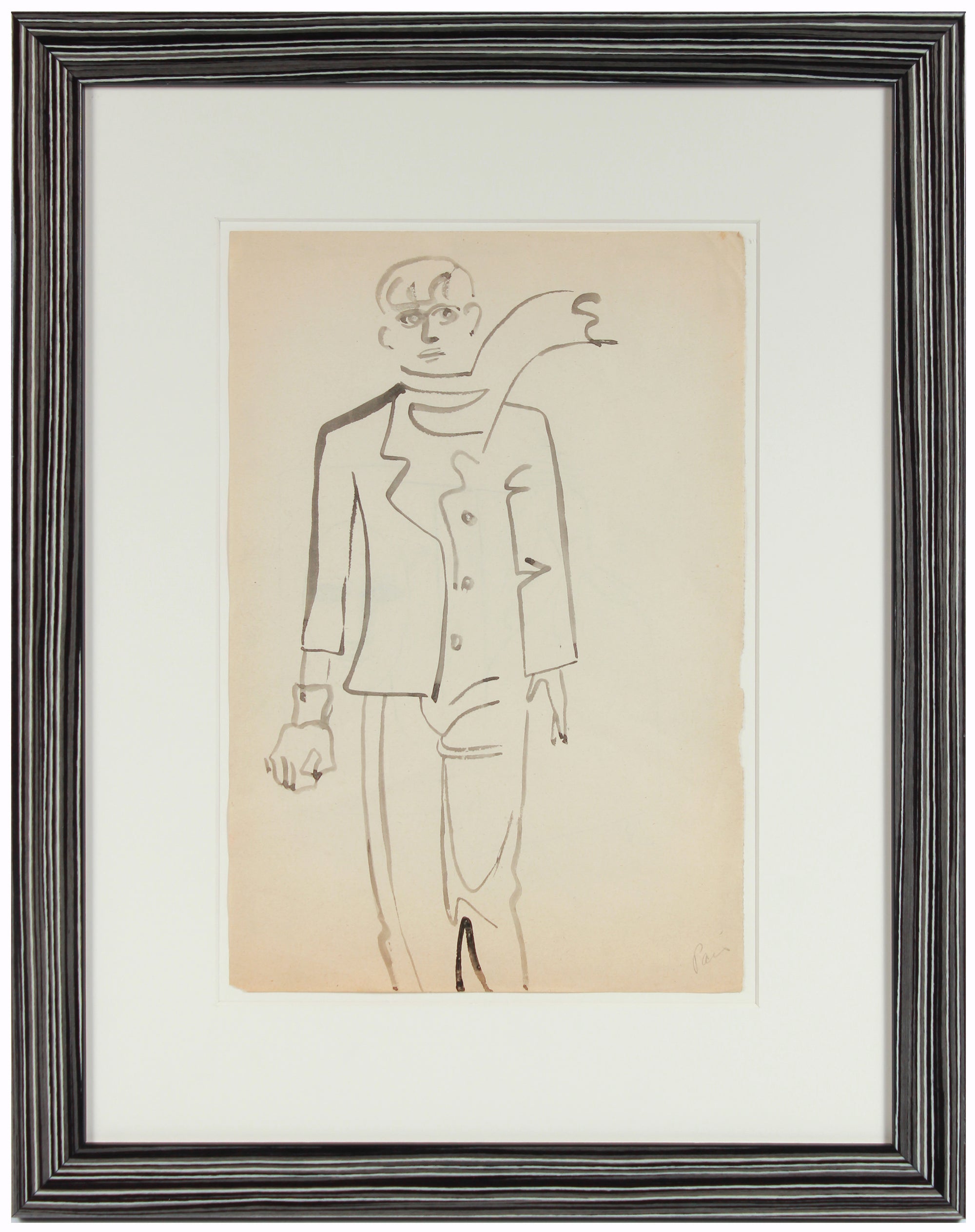 <i>Paris</i>, Man with Scarf <br>1940-50s Charcoal <br><br>#A8412
