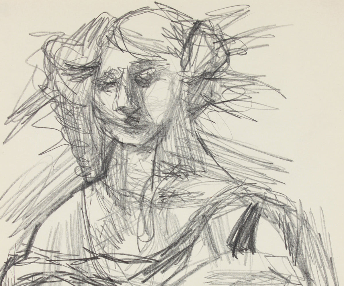 Modernist Female Portrait <br>1940-50s Graphite <br><br>#A8420