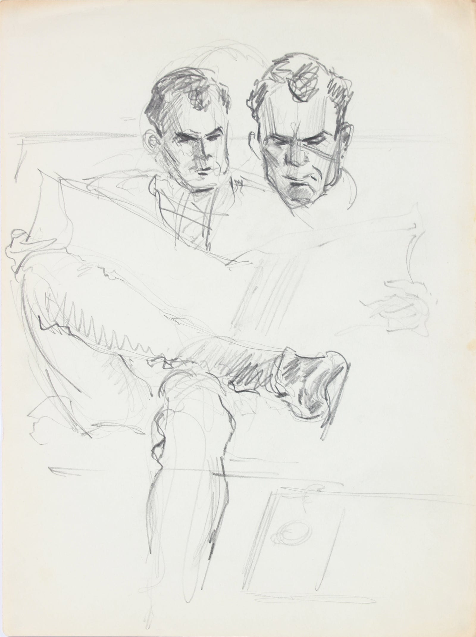 Man Reading - Face Studies <br>1940-50s Graphite <br><br>#A8476